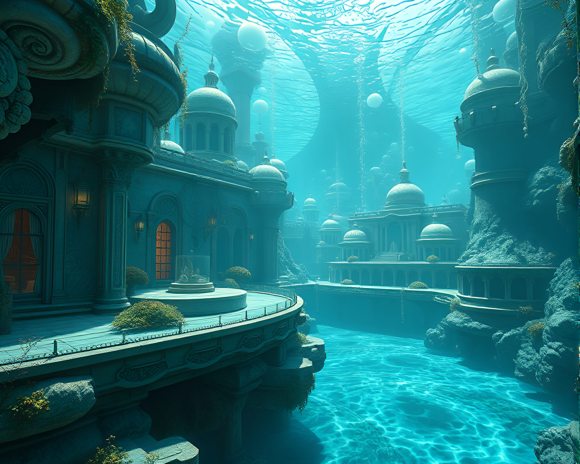 Tranquil Fashion-Inspired Sunken Cityscape Underwater – free AI stock image