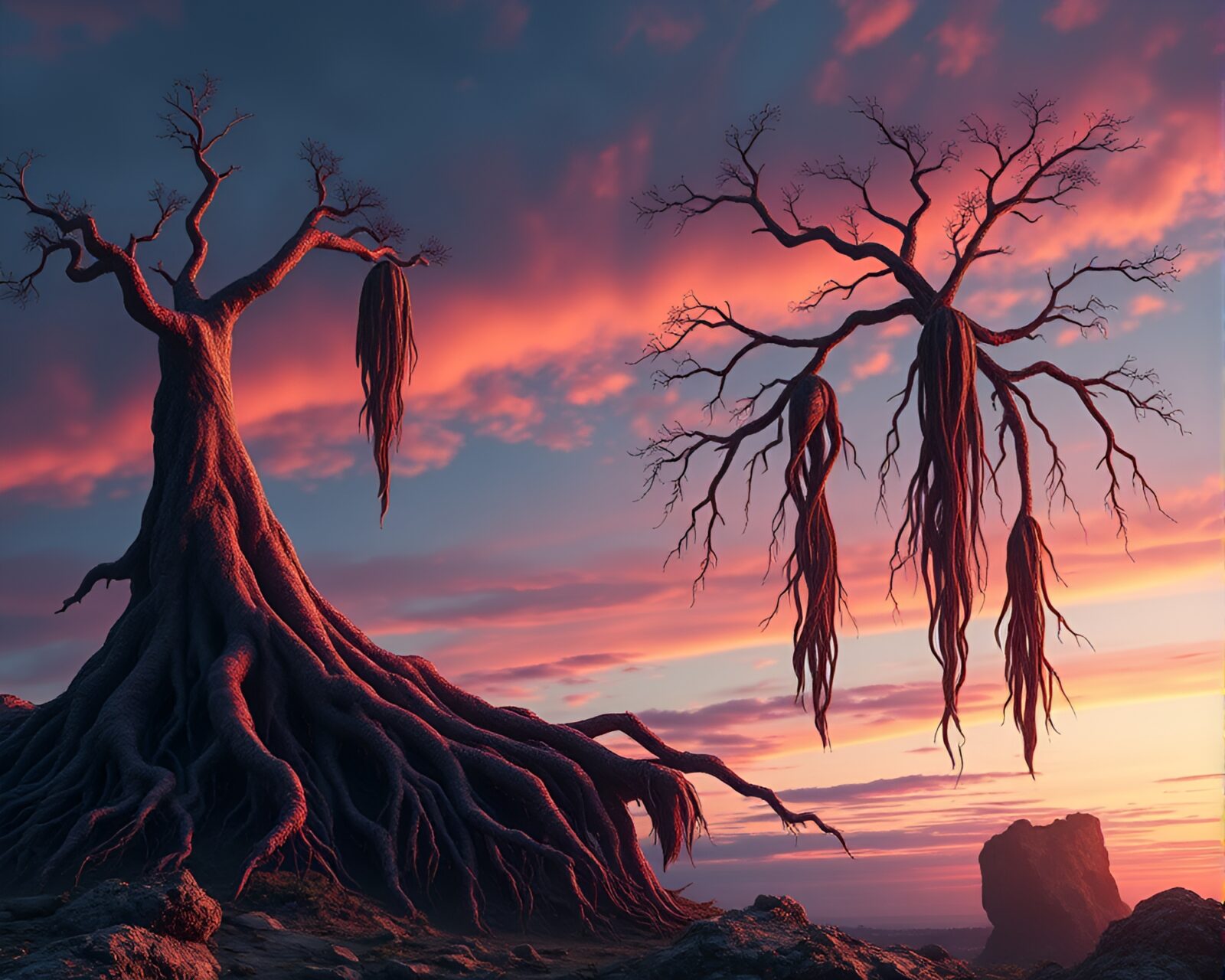 Silhouetted floating roots in vibrant colored twilight sky