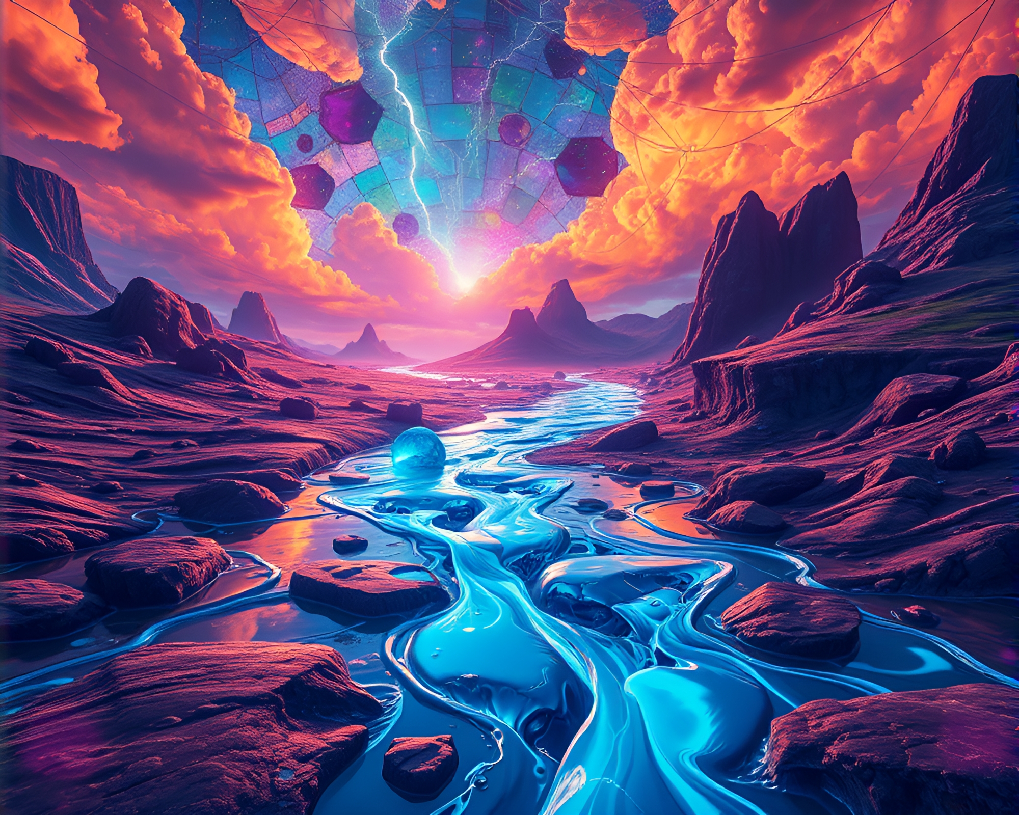 Surreal landscape with mercury river and electrifying sky – free AI stock image
