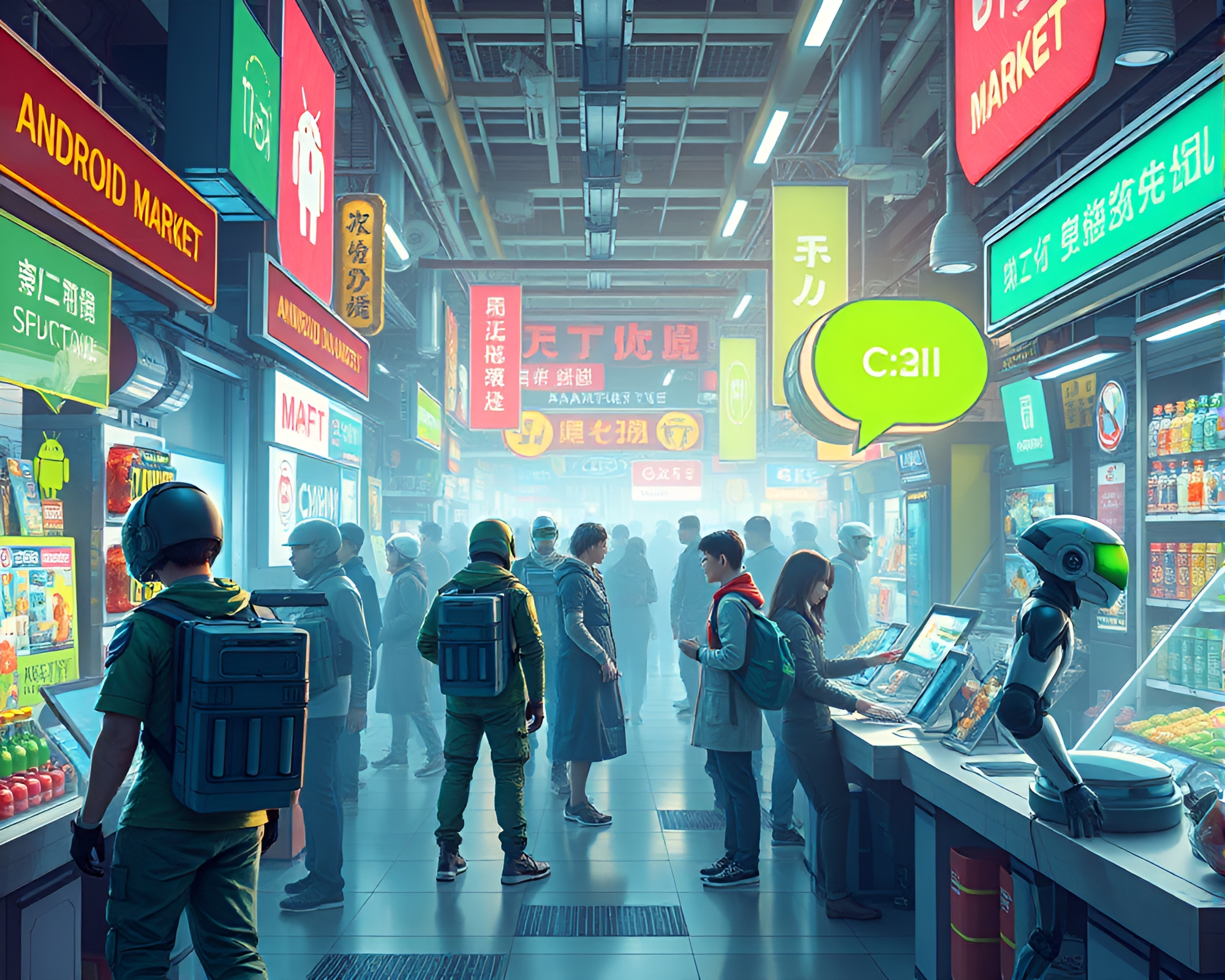 Futuristic Android Market Buzzing with Innovation and Diversity – free AI stock image