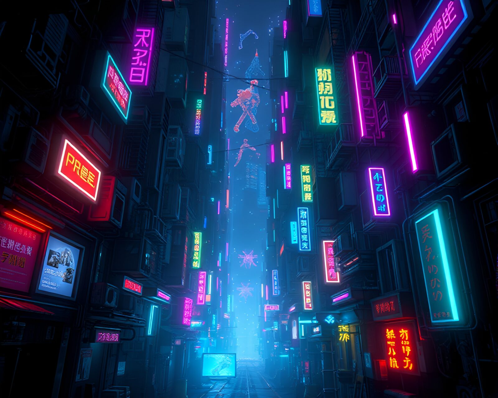 Dark alleys in a futuristic city with glowing neon lights