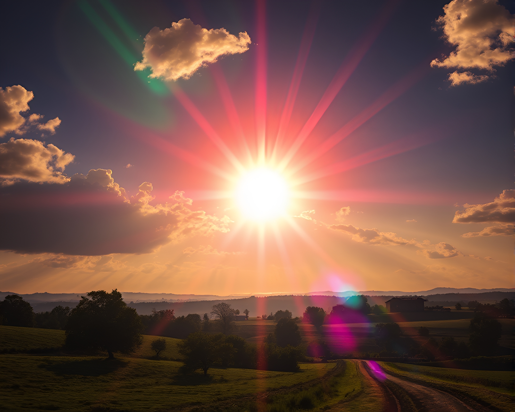 Spectacular Solar Flare Illuminates Tranquil Countryside Landscape – free AI stock image