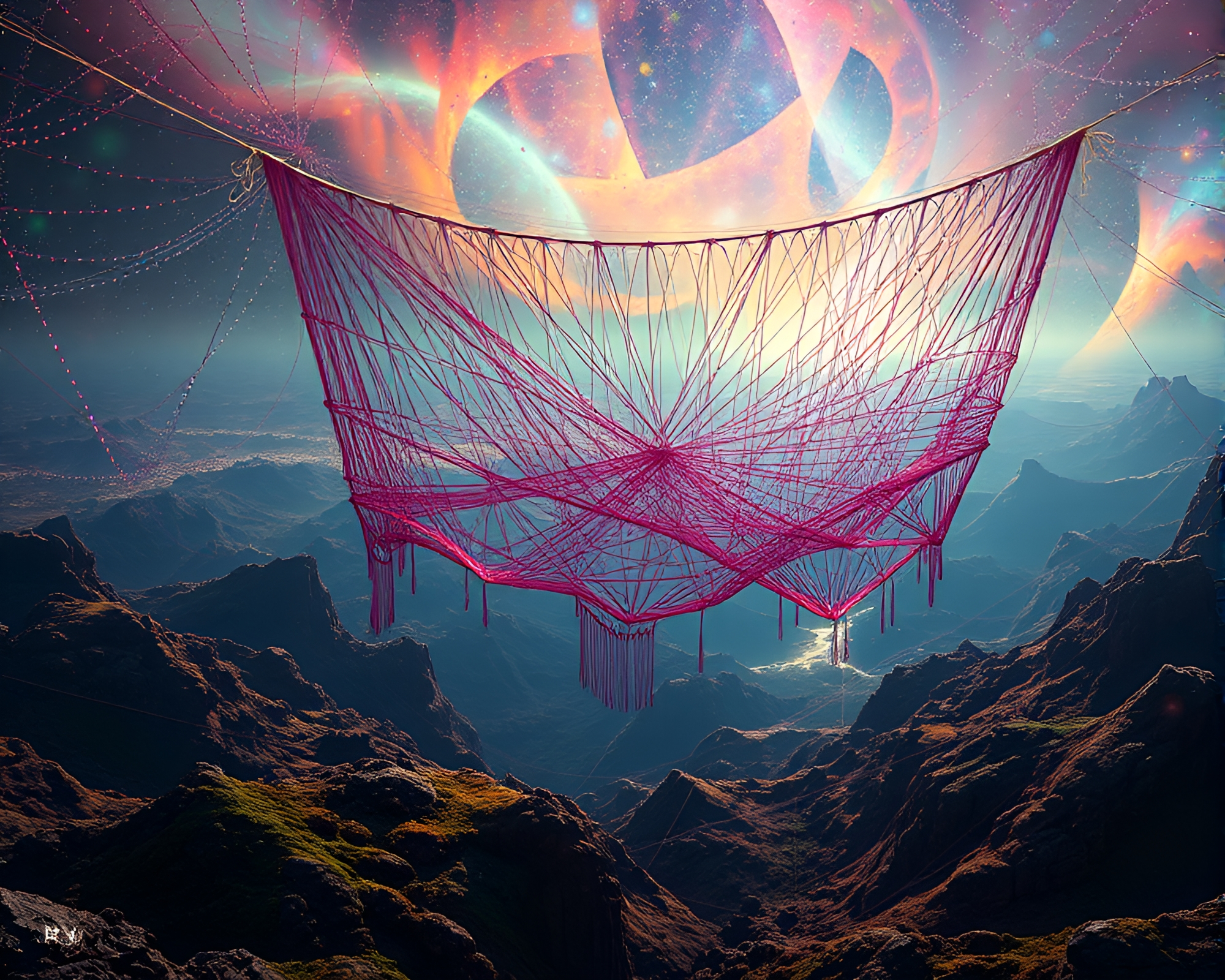 Vibrant Cosmic String Tapestry in Surreal Landscape – free AI stock image