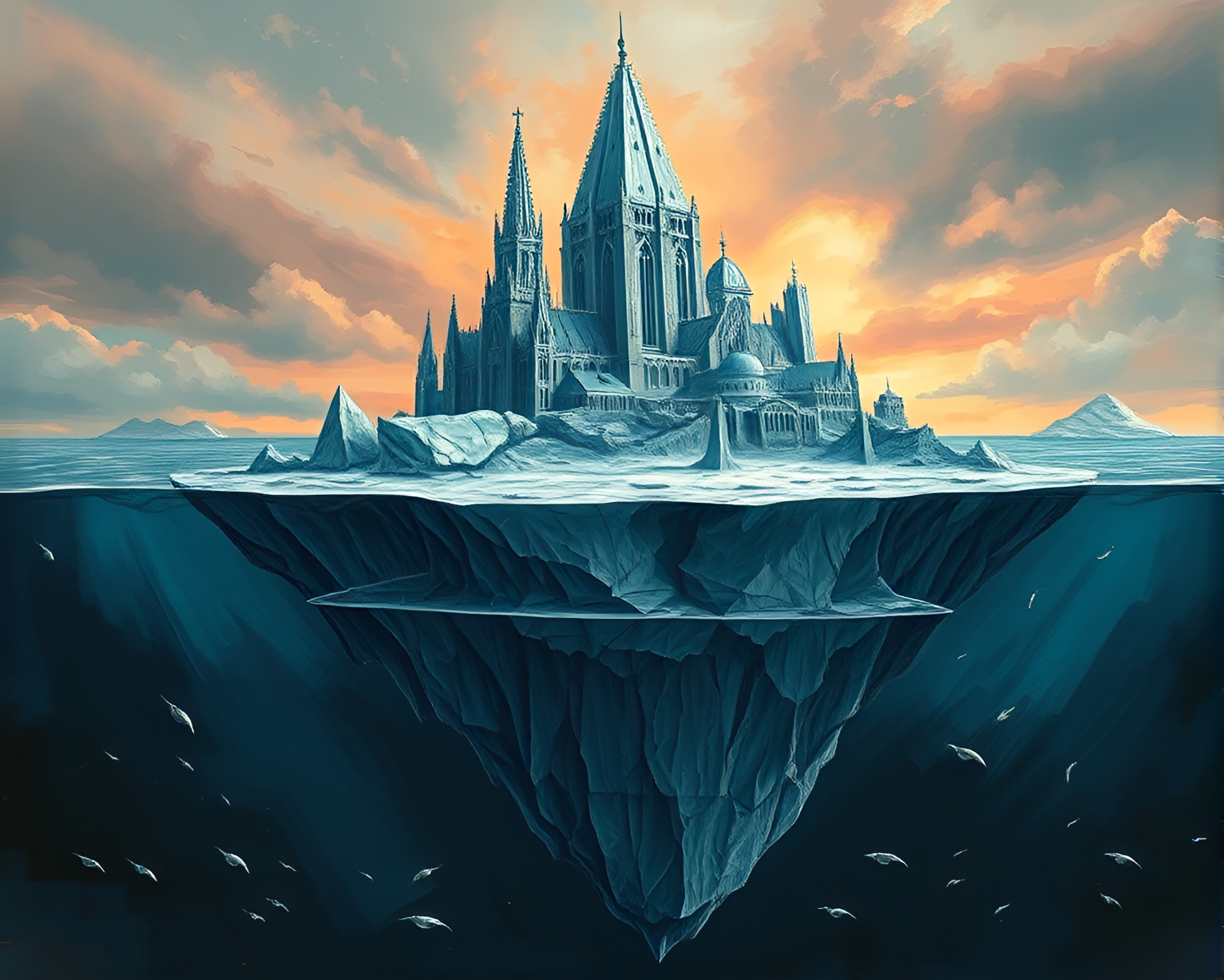 Gothic Iceberg Cathedral Floating in Dystopian Seascape – free AI stock image