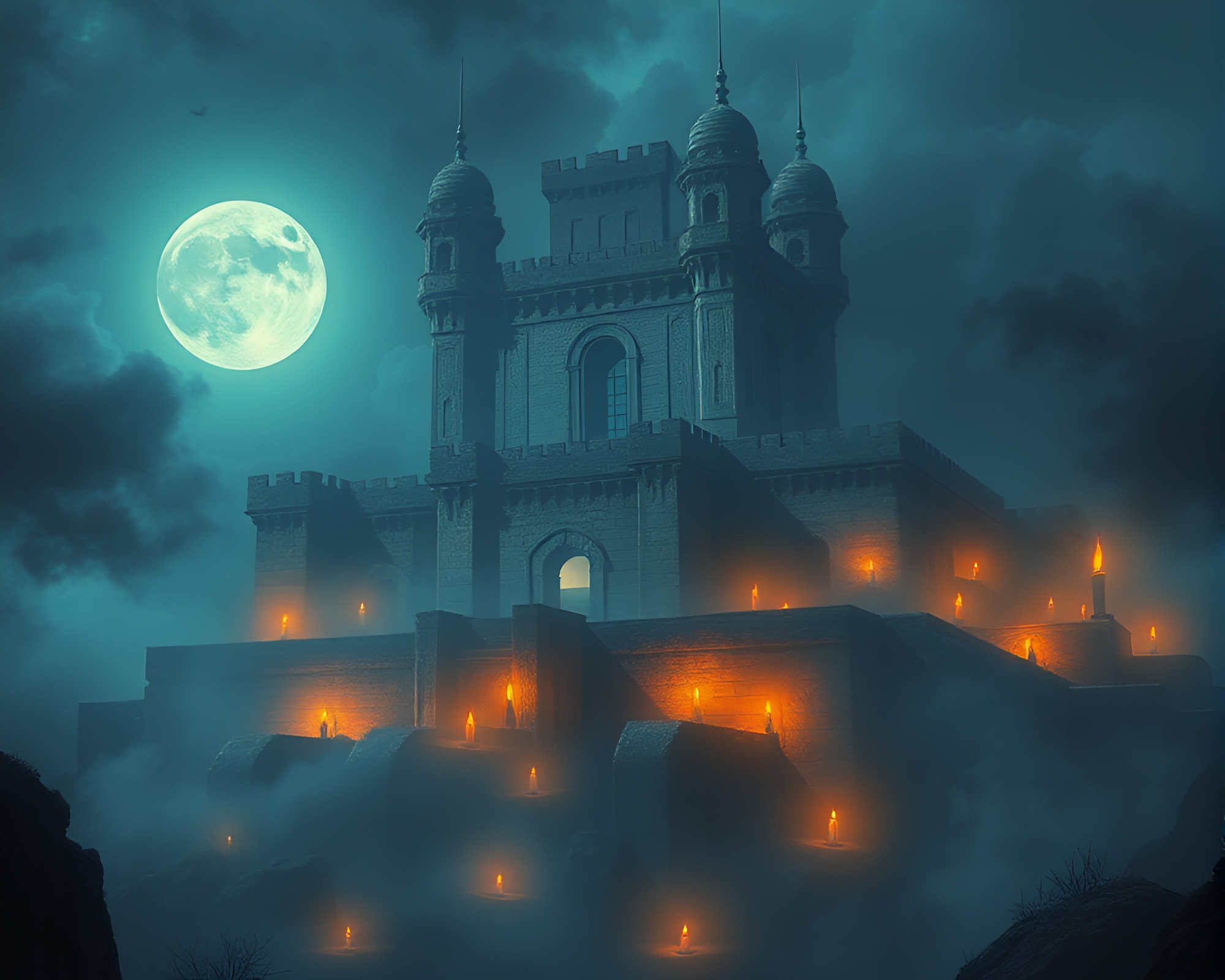 Ethereal moonlit citadel adorned with floating candles – free AI stock image