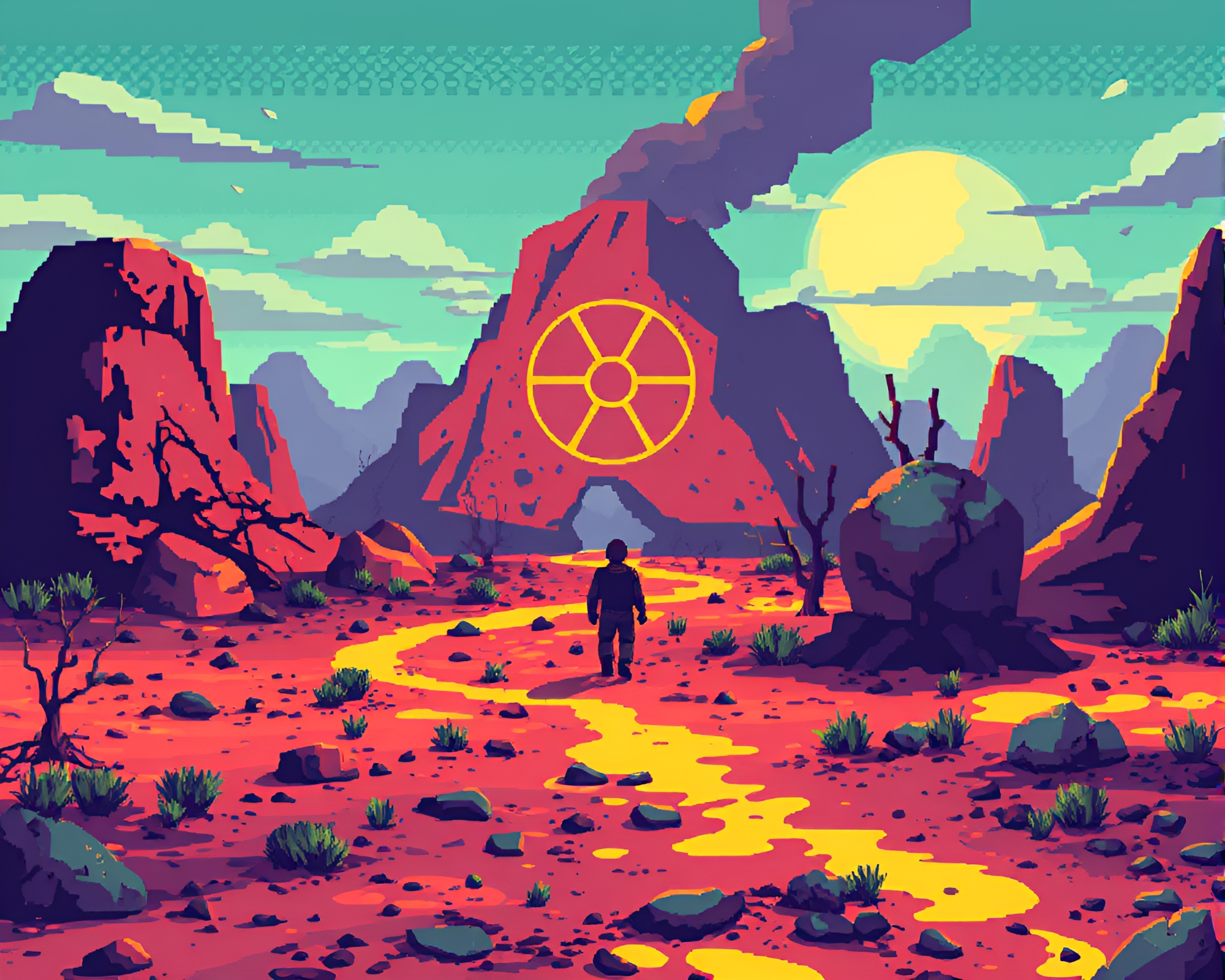 Pixelated Figure in Radioactive Wasteland Exploration – free AI stock image