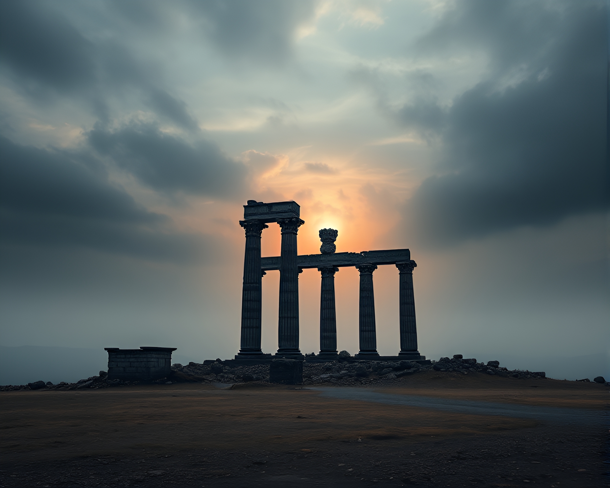 Melancholic Ancient Ruin Reflecting Time Against Mirrored Horizon – free AI stock image