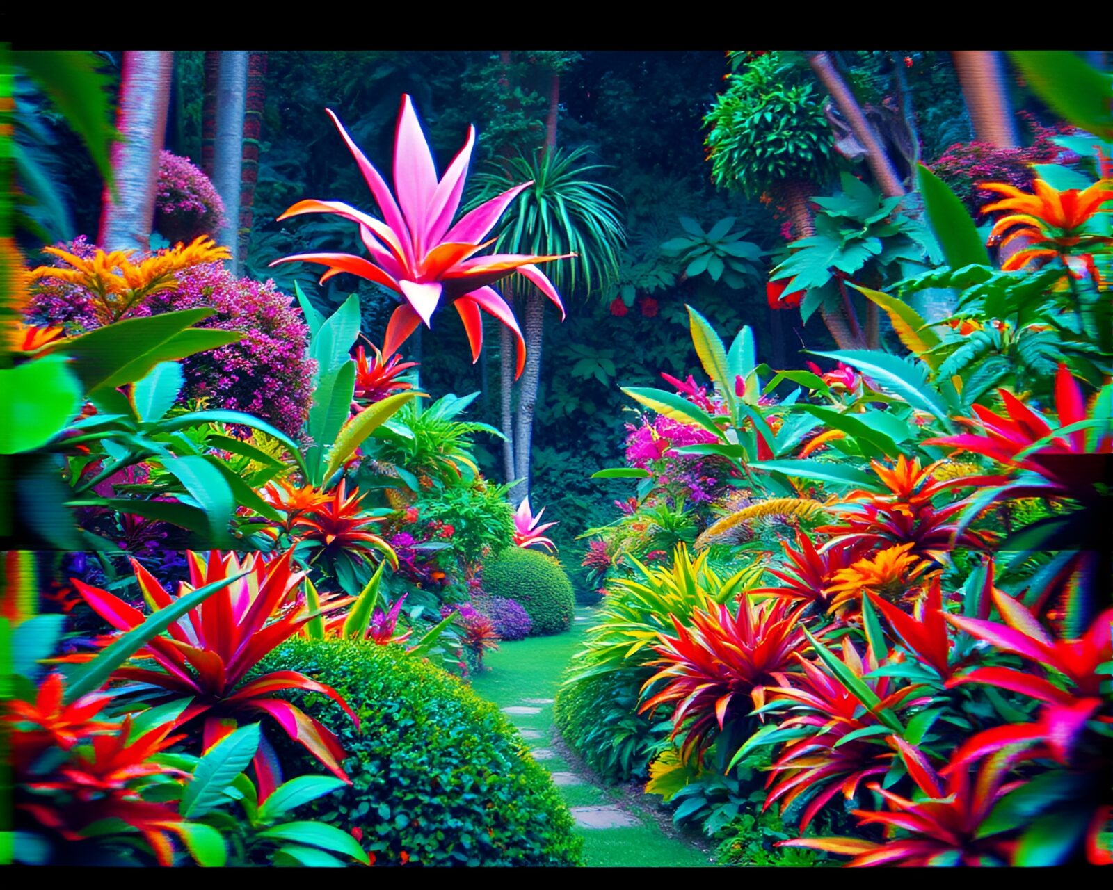 Surreal glitch art garden with vibrant overgrowth in dreamlike scene