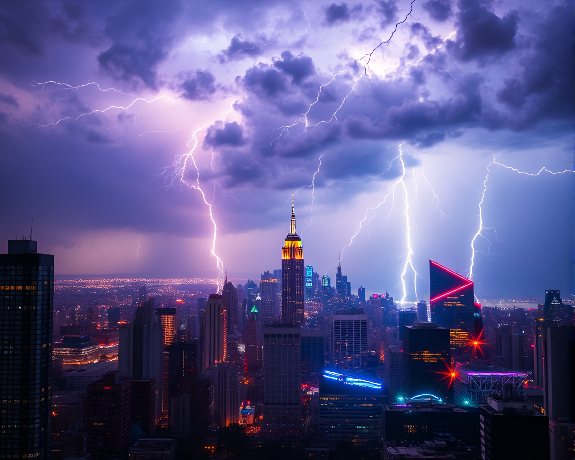 Electric storm illuminates vibrant city skyline celebration – free AI stock image