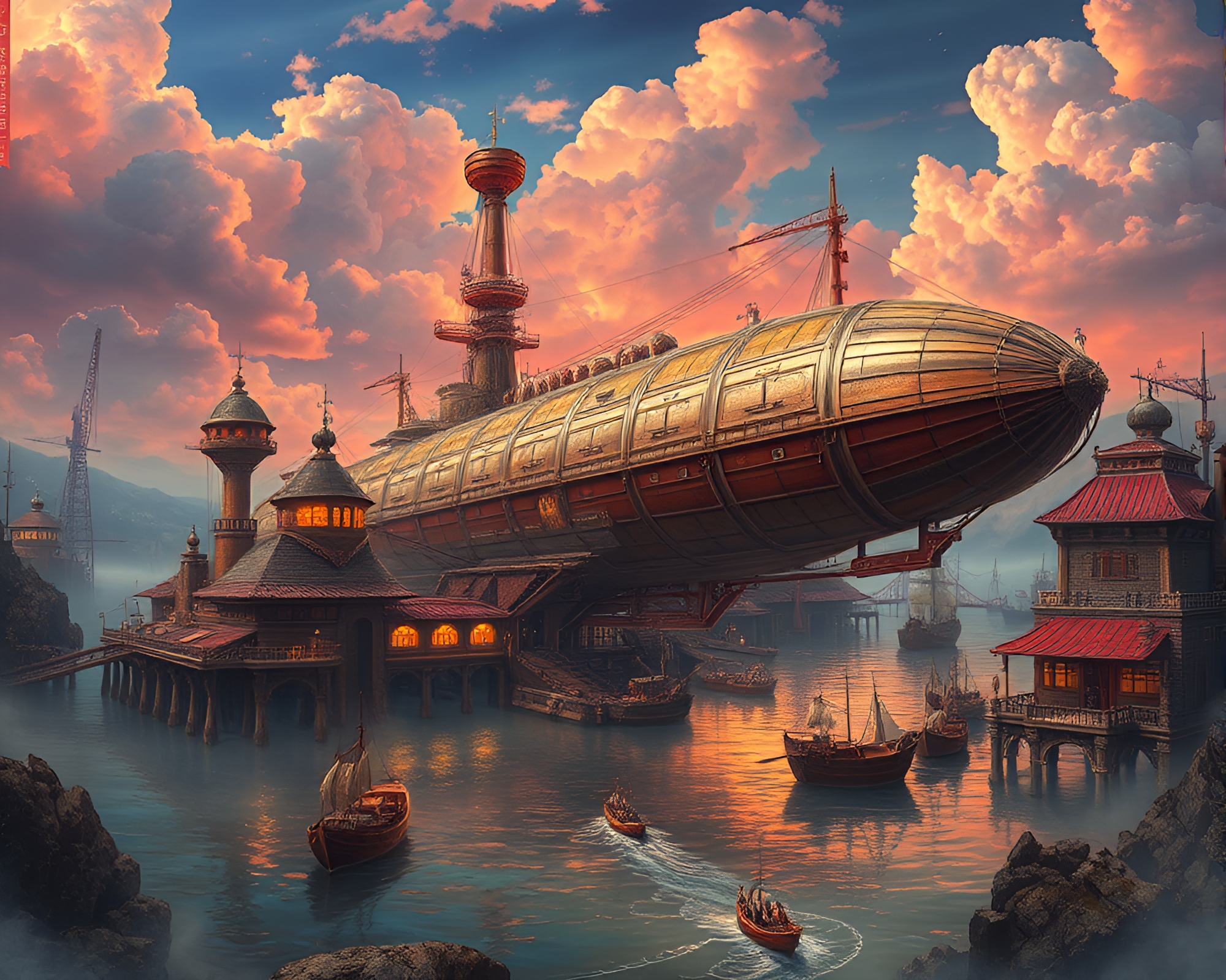 Vibrant Steampunk Airship Port in Otherworldly Setting – free AI stock image
