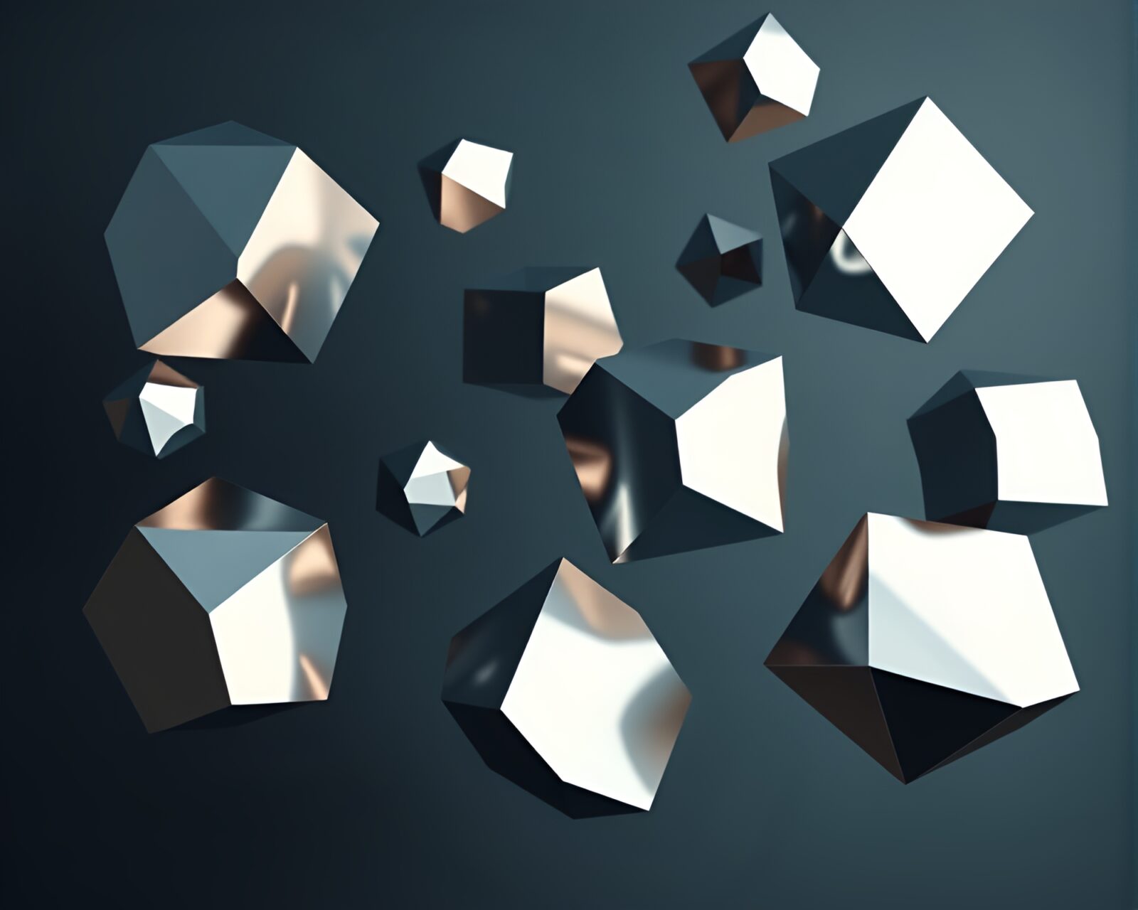 Floating geometric shapes with reflective surfaces inspired by cubism art