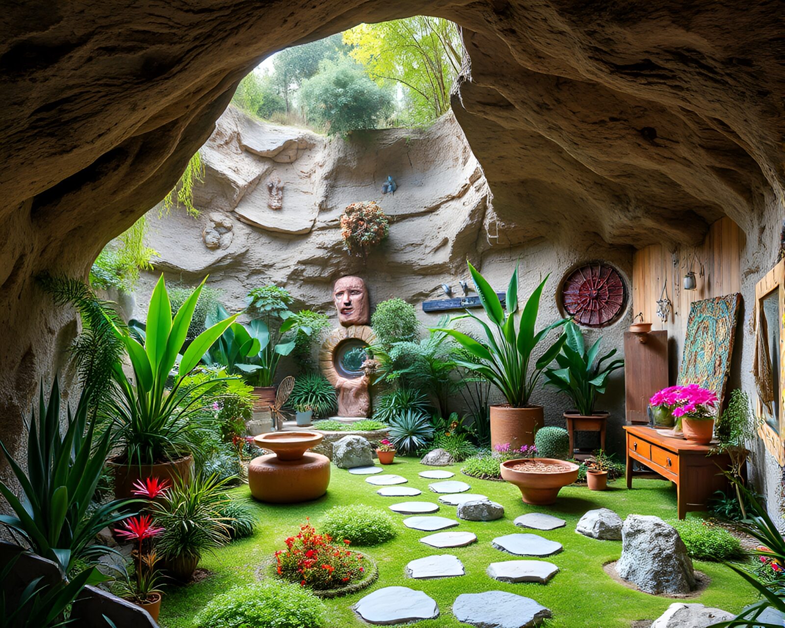 Lush garden in crystalline cavern with modern art installations