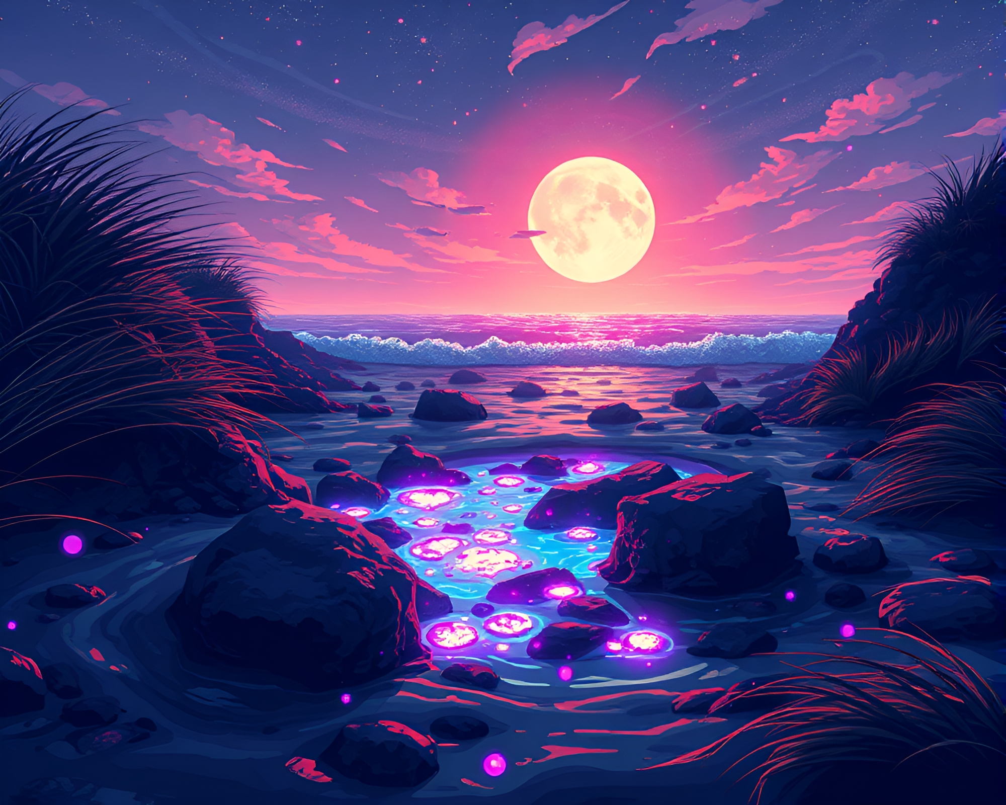 Mesmerizing Bioluminescent Tide Pool in Stunning 8-Bit Art – free AI stock image