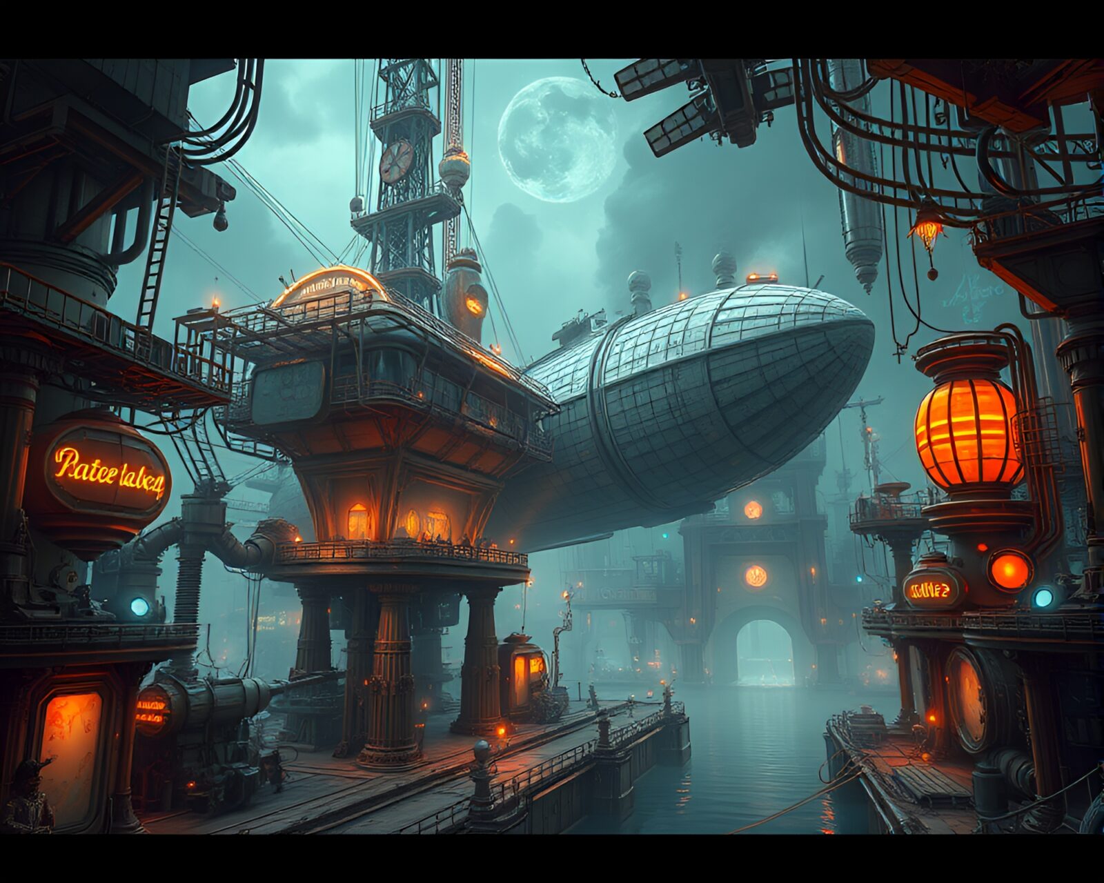 Fantastical modern art-inspired steampunk airship port with glowing lights