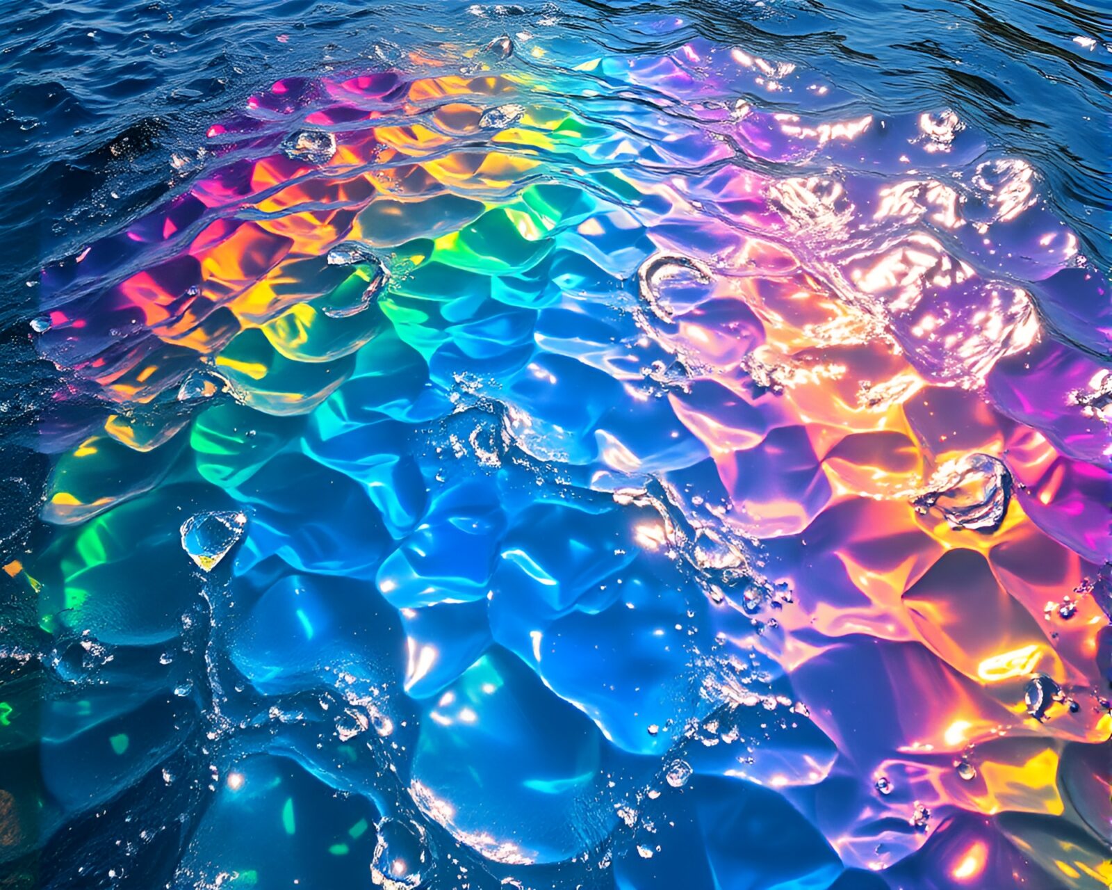 Shimmering river of liquid mercury reflecting rainbow colors outdoors