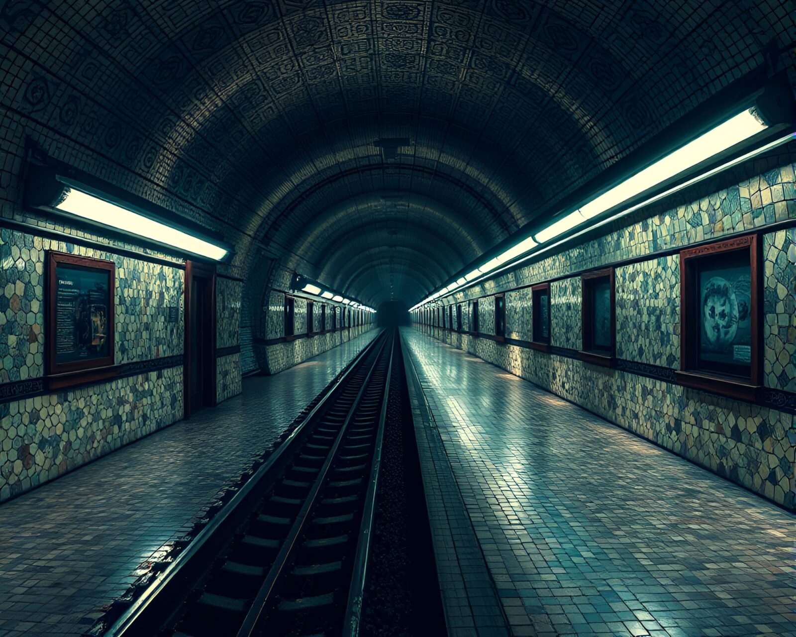 Surreal underground train station with vibrant mosaic tile art