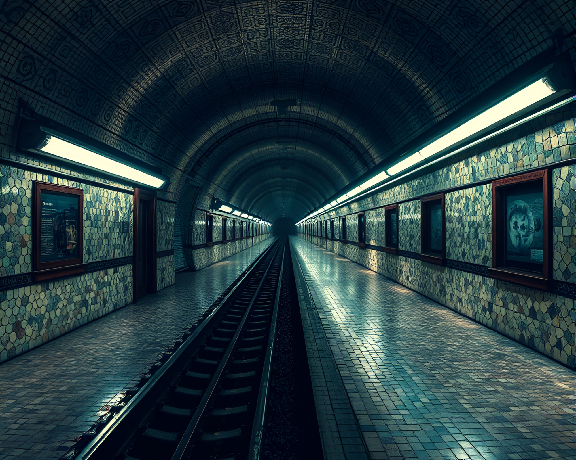 Ethereal Phantom Train Station with Intricate Mosaic Tiles – free AI stock image