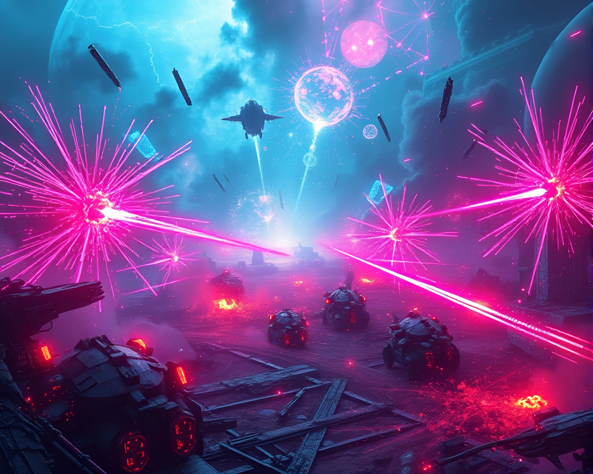Neon Futuristic Battlefield with Glowing Spectral Energy Weapons – free AI stock image
