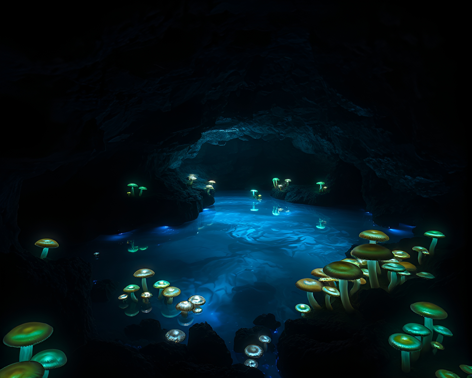 Glowing Bioluminescent Fungi Illuminates Underground Crystal Lake – free AI stock image