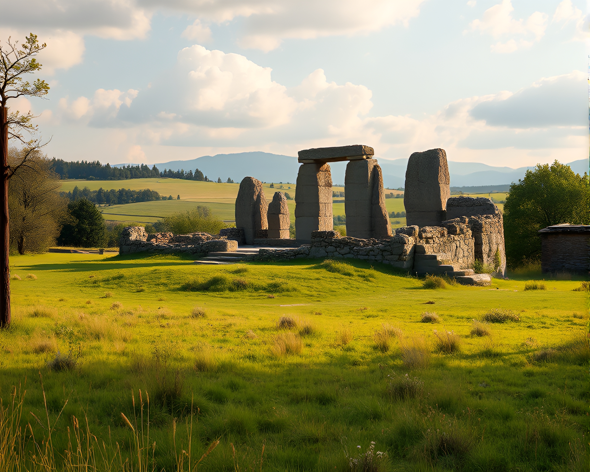 Ancient Monolithic Ruins in Serene Pastoral Setting – free AI stock image