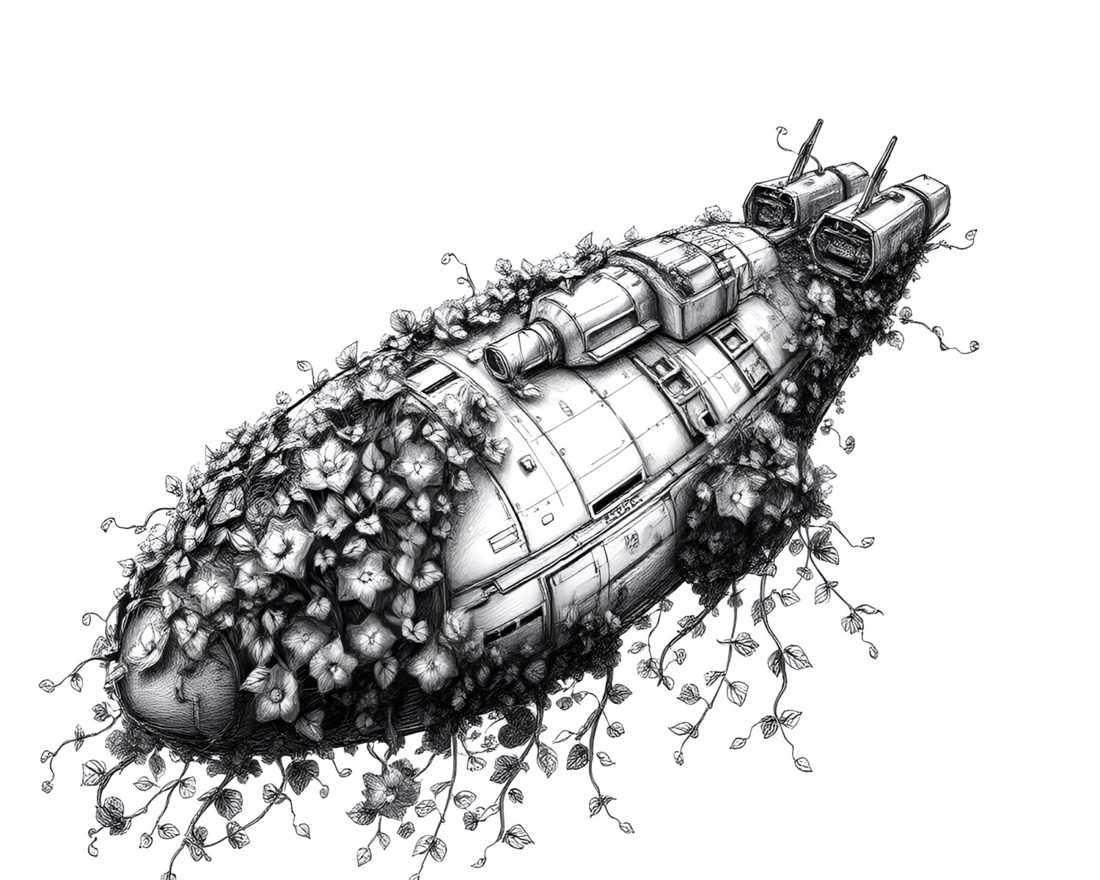 A contemplative artwork of a spaceship covered in ivy