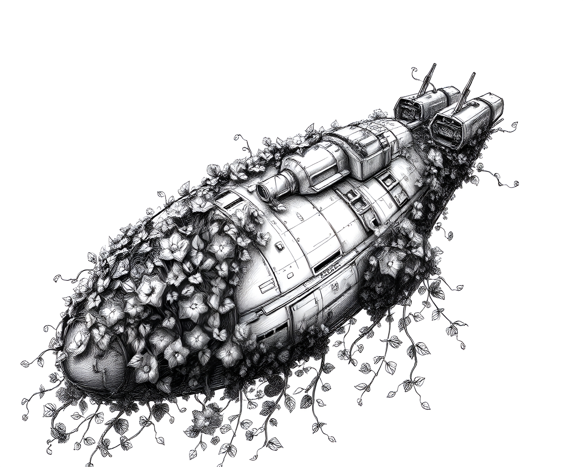 Intricate Ivy-Clad Spaceship: Charcoal Sketch Aesthetic – free AI stock image