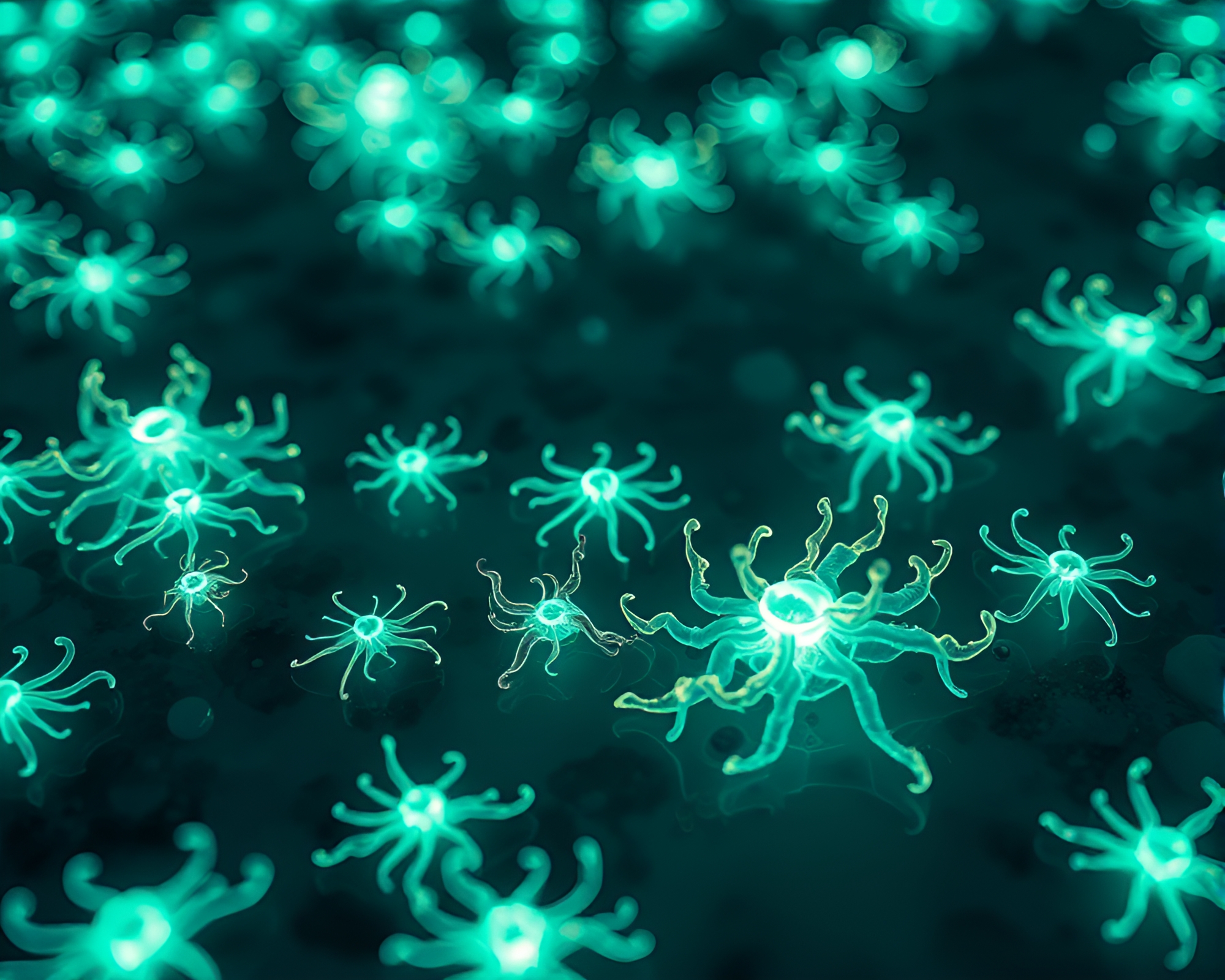 Bioluminescent Sea Creatures Illuminate Tide Pool in 3D – free AI stock image