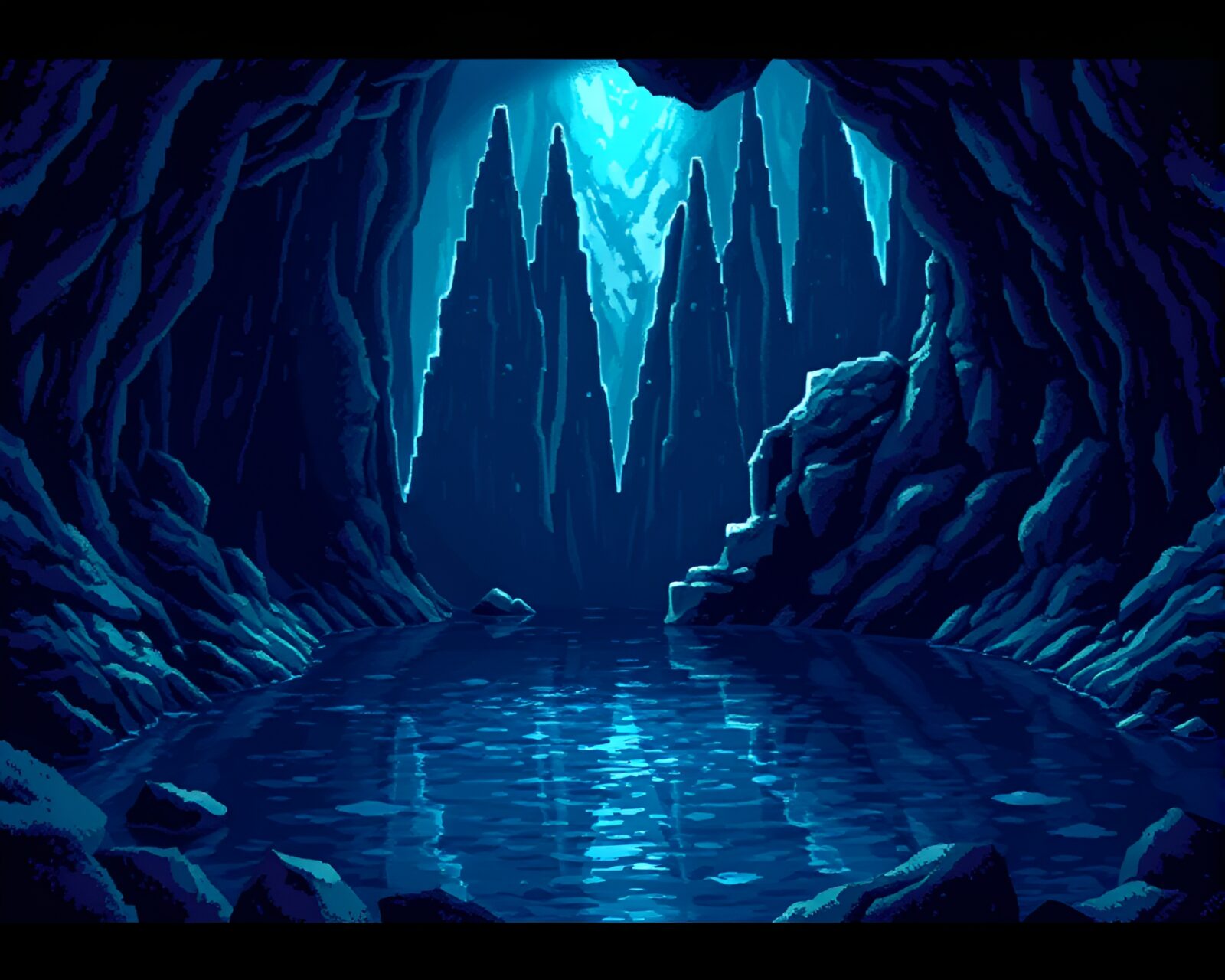 Vibrant pixelated image of underground crystal lake in noir setting