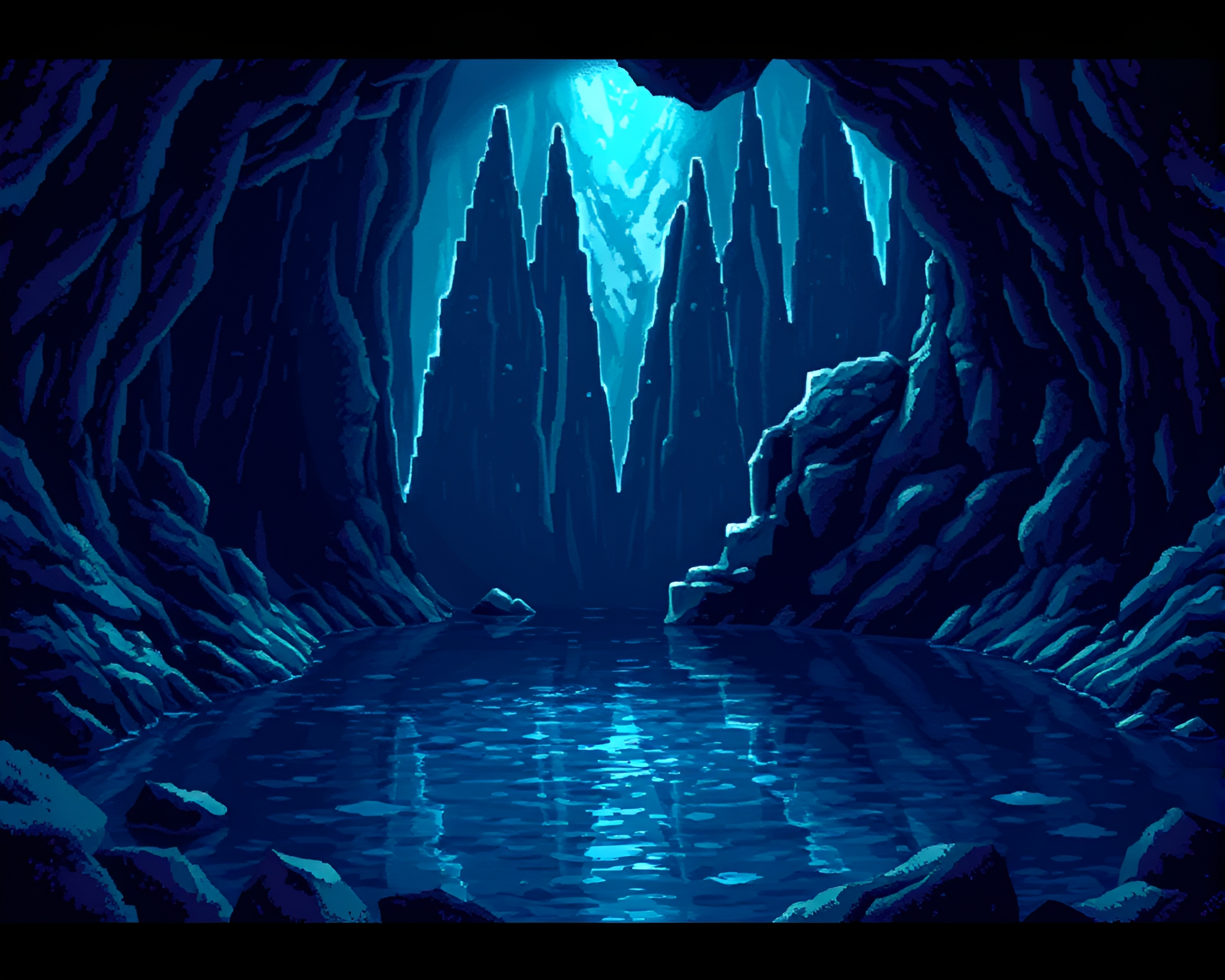 Subterranean Crystal Lake Shimmering in Pixelated 8-Bit – free AI stock image