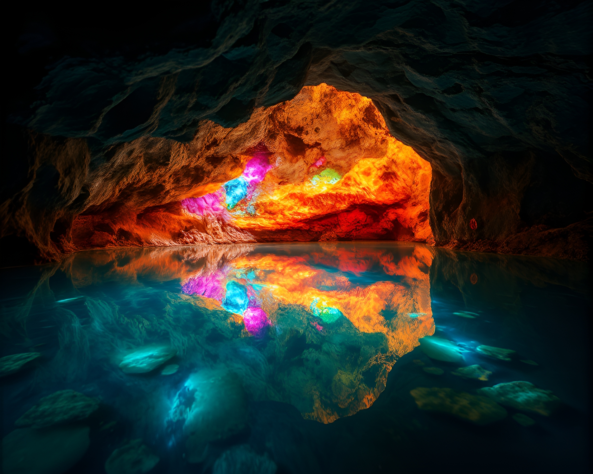 Enchanting Crystal Lake in Underground Cavern – free AI stock image