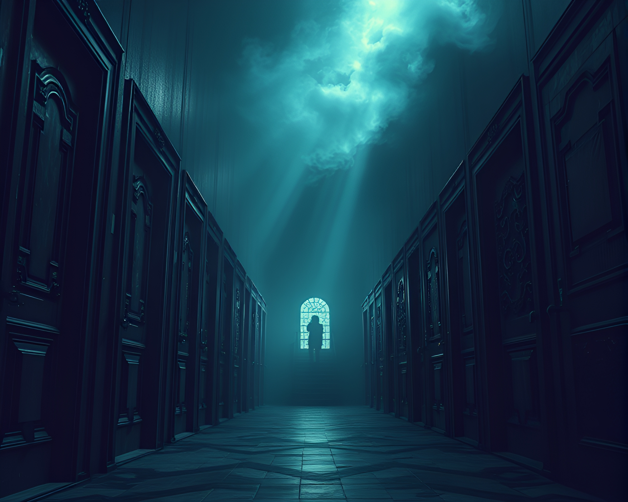 Intriguing Figure Navigating Dark Labyrinth of Doors – free AI stock image
