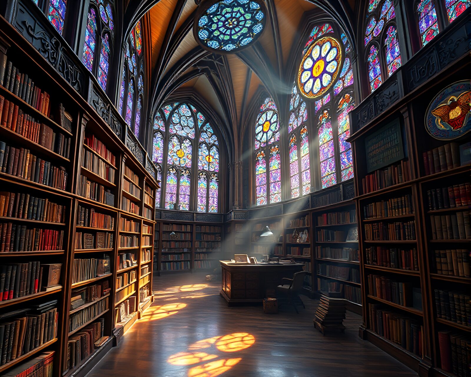 Vivid library maze with dynamic stained glass artworks glowing