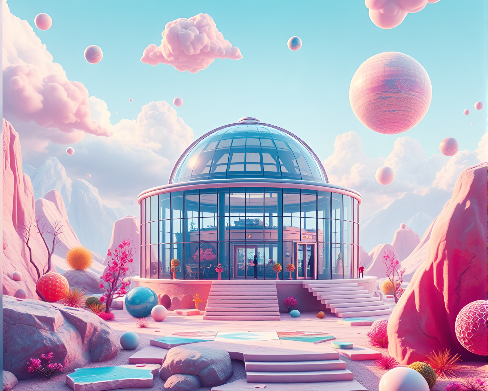 Futuristic Glass Observatory in Surreal 3D Landscape – free AI stock image