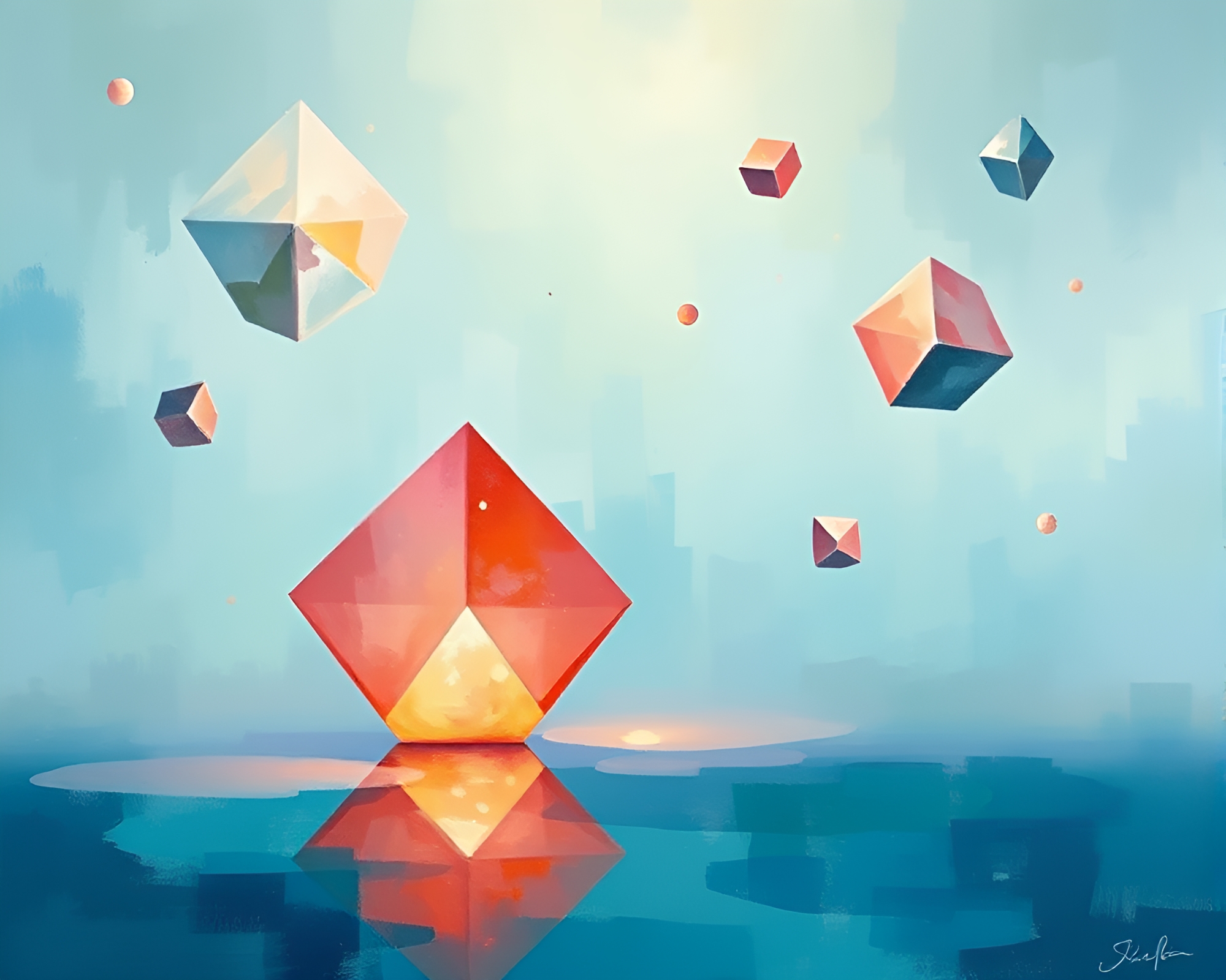 Serene Acrylic Painting with Floating Geometric Shapes – free AI stock image