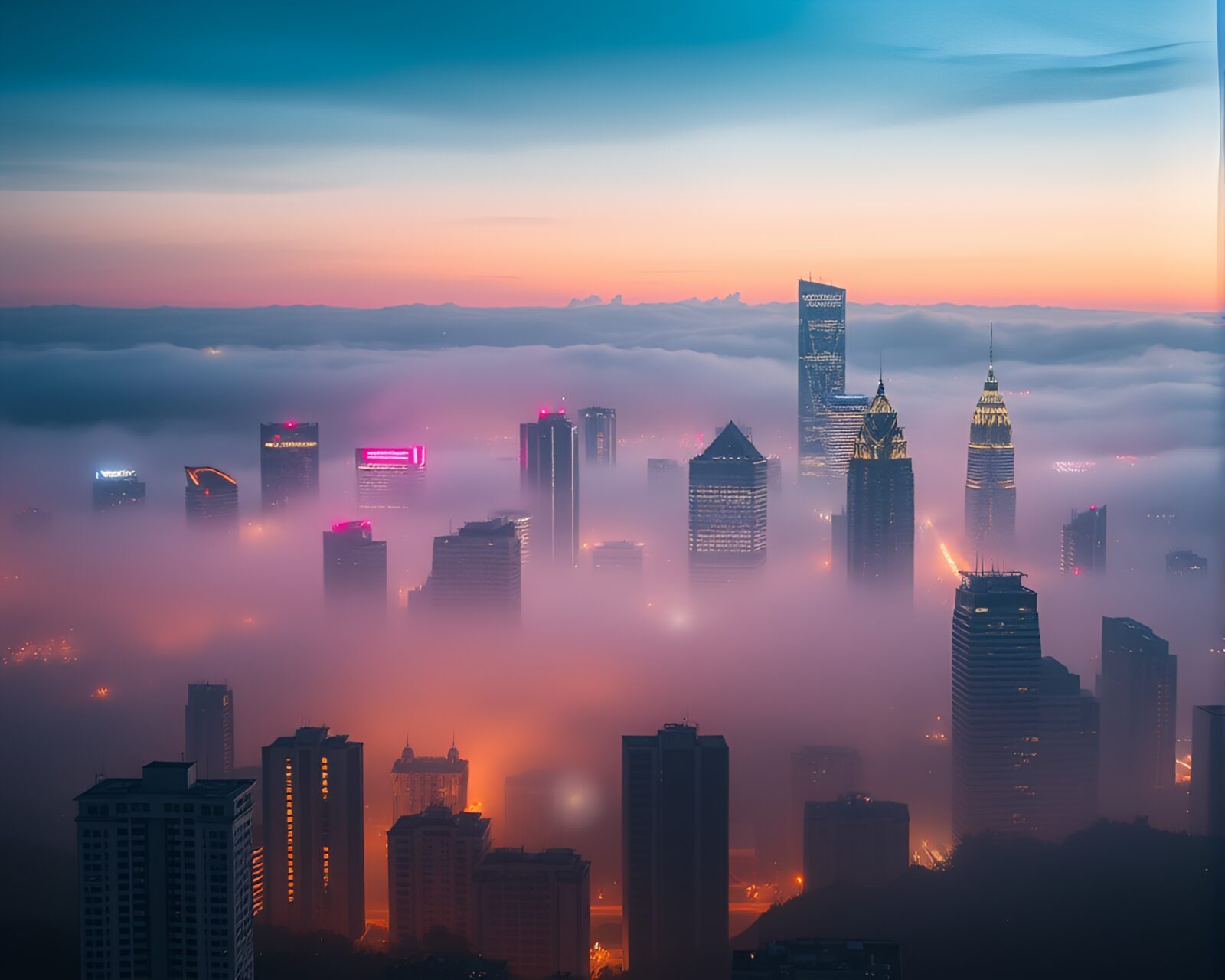 Dreamlike cityscape with towering buildings and soft colorful lights