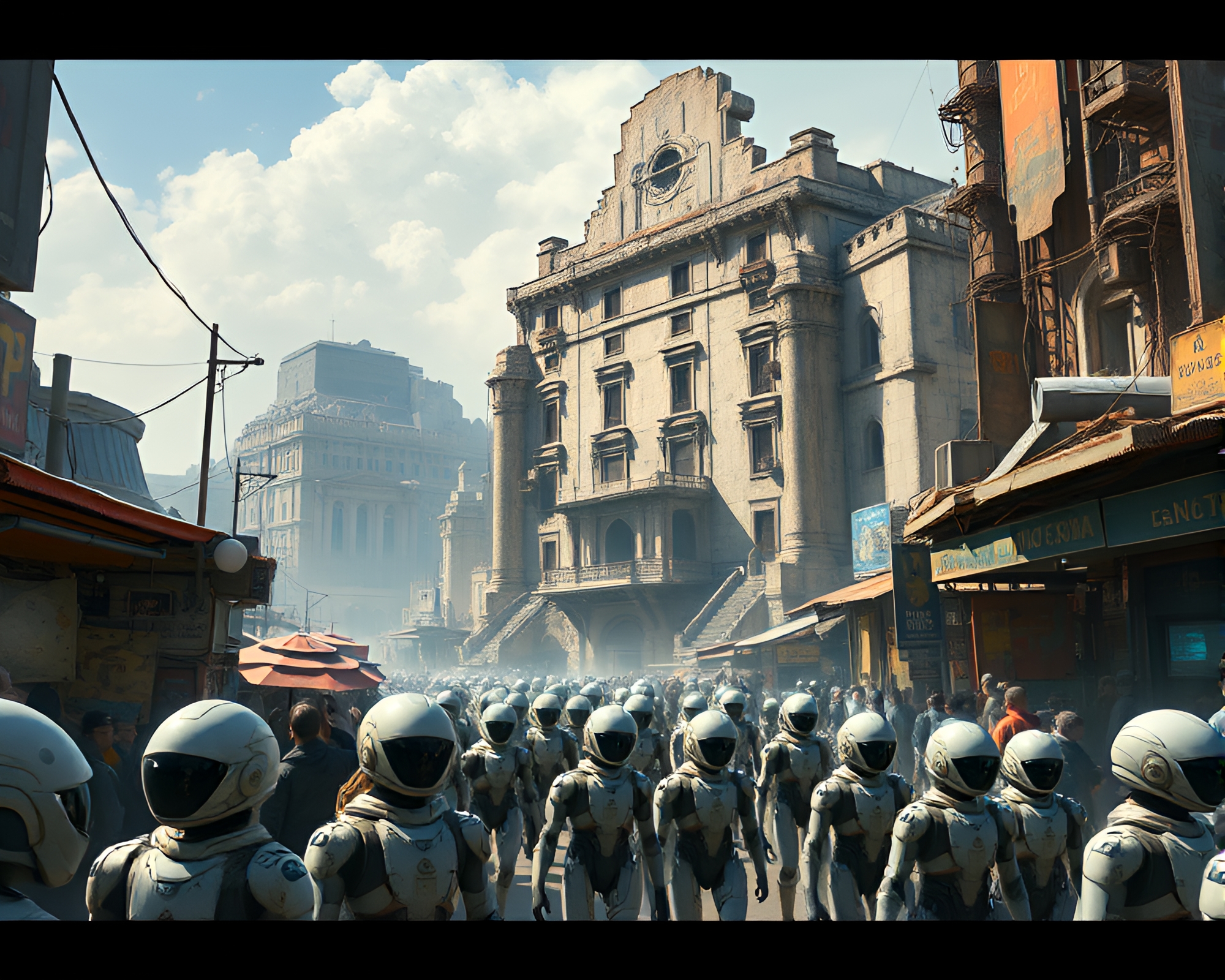 Futuristic City Market Dominated by Ancient Building – free AI stock image