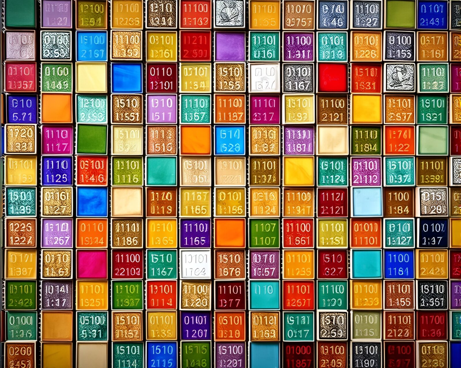 Colorful mosaic tiles intertwined with cascading binary code