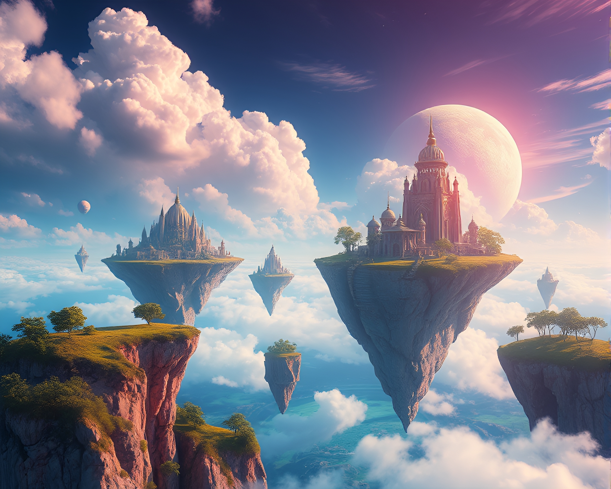 Dreamlike Floating Islands Illustration with Vibrant Colors – free AI stock image