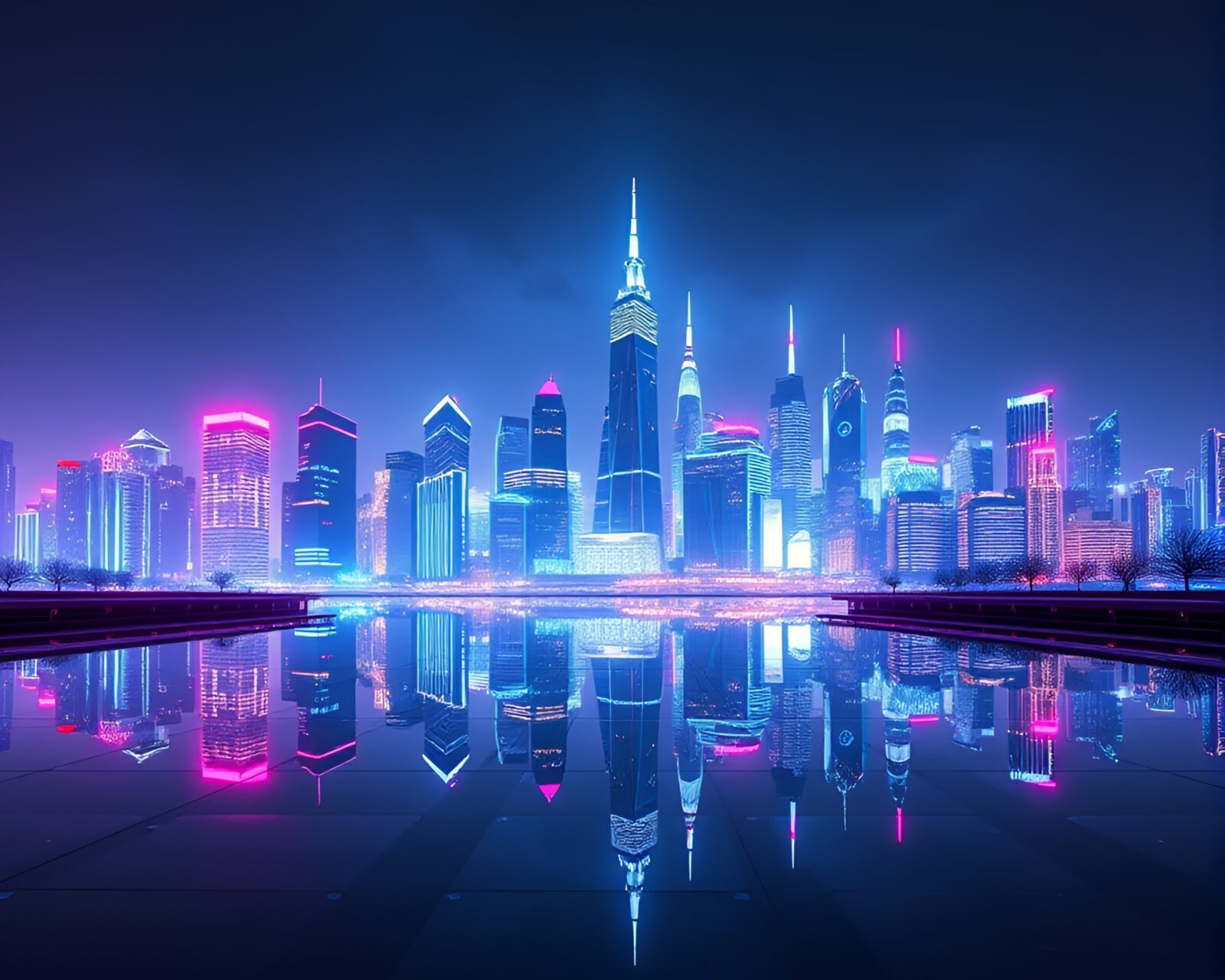 Sleek cityscape with neon lights reflecting on a mirrored surface