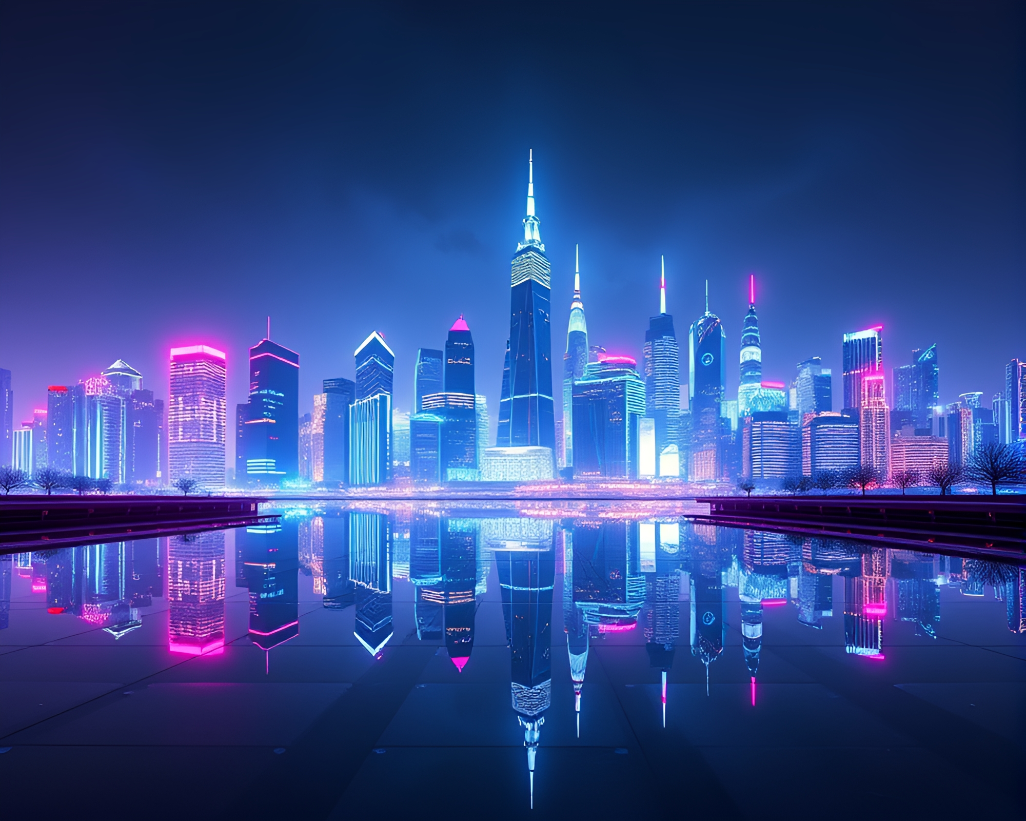 Futuristic Cityscape with Neon Lights and Mirrored Horizon – free AI stock image