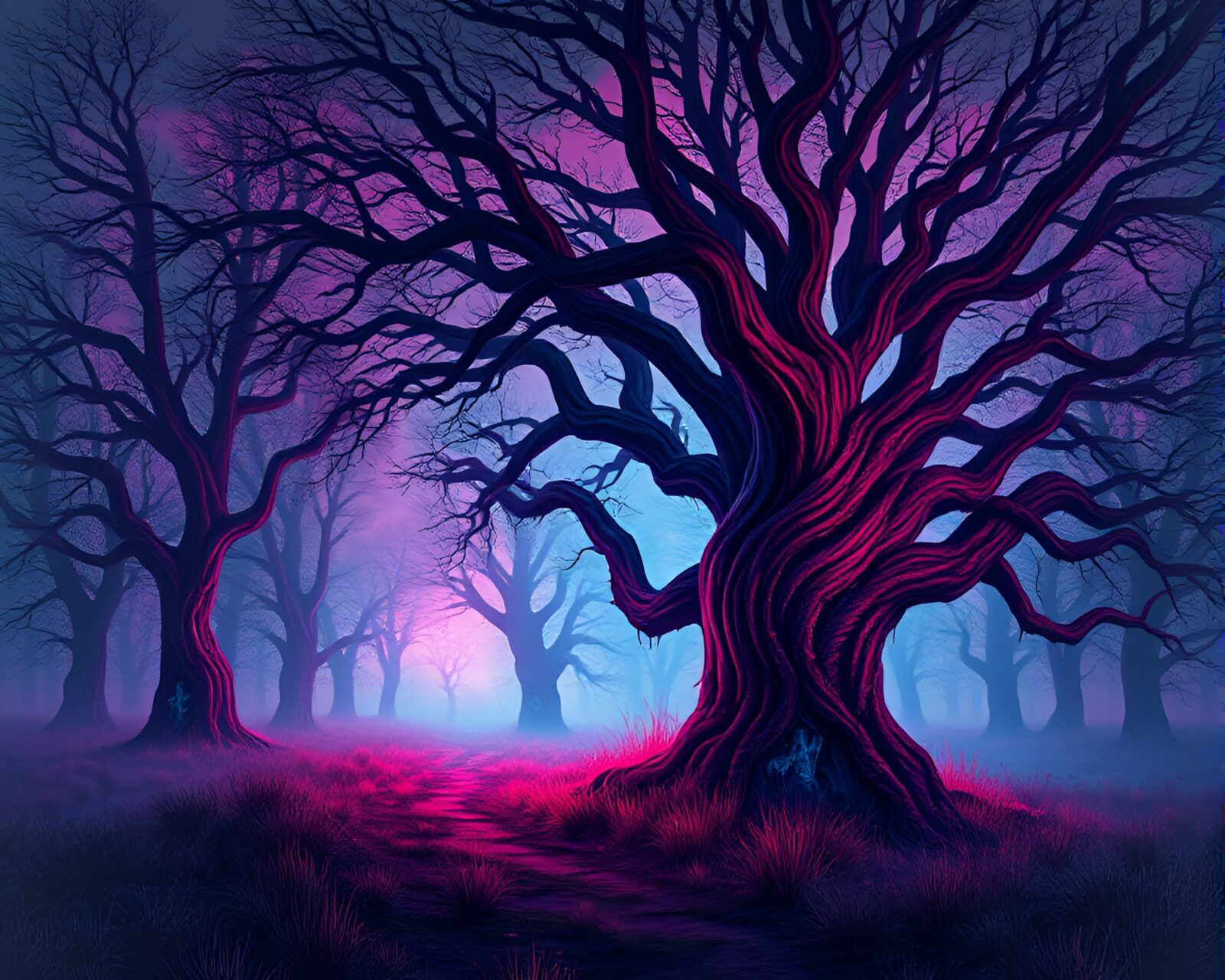 Eerie spectral oak forest in modern art style twilight