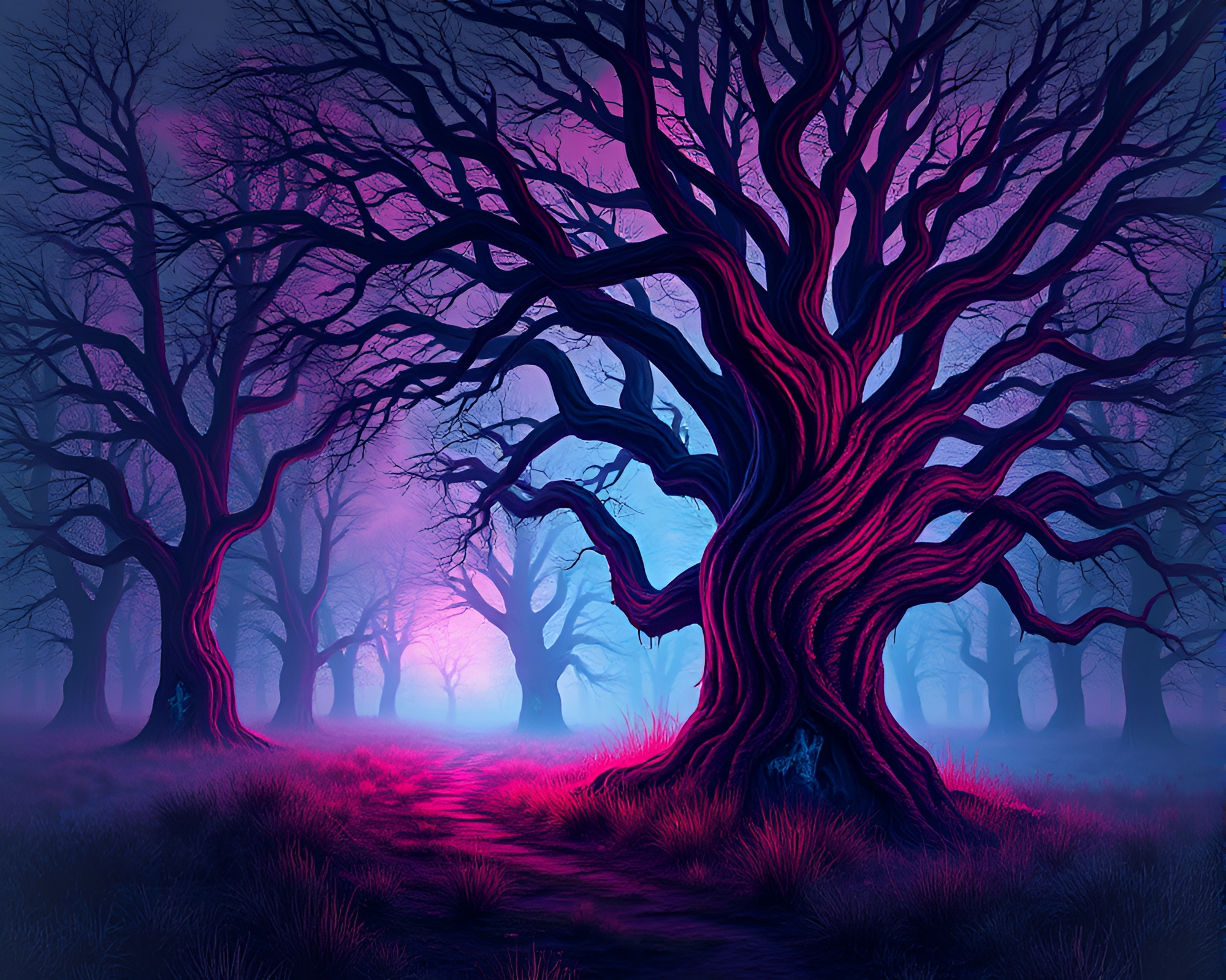 Modern Art Spectral Oak Forest at Twilight – free AI stock image