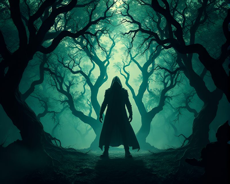 Apocalyptic Figure in Emerald Canopy Glade – free AI stock image