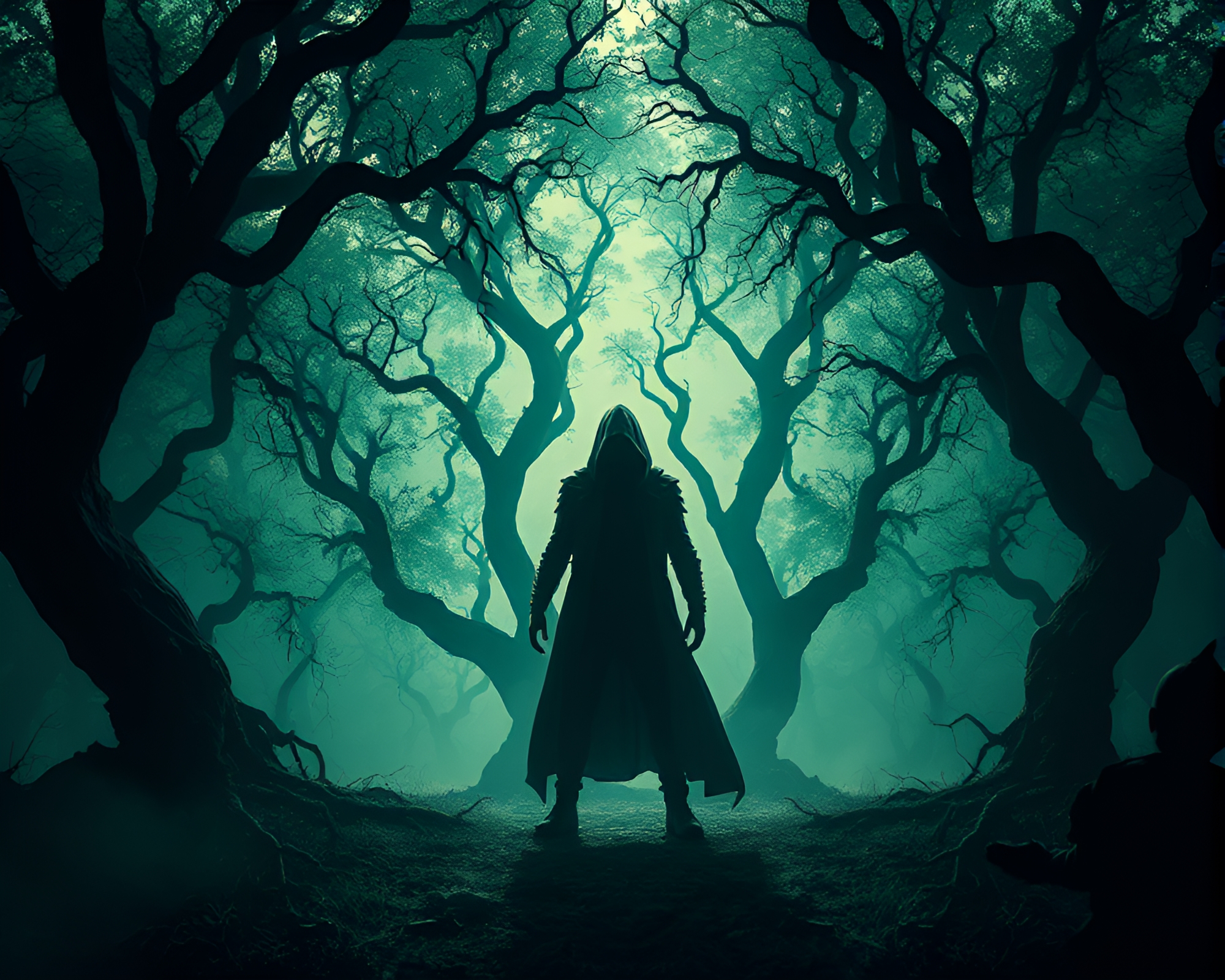 Apocalyptic Figure in Emerald Canopy Glade – free AI stock image