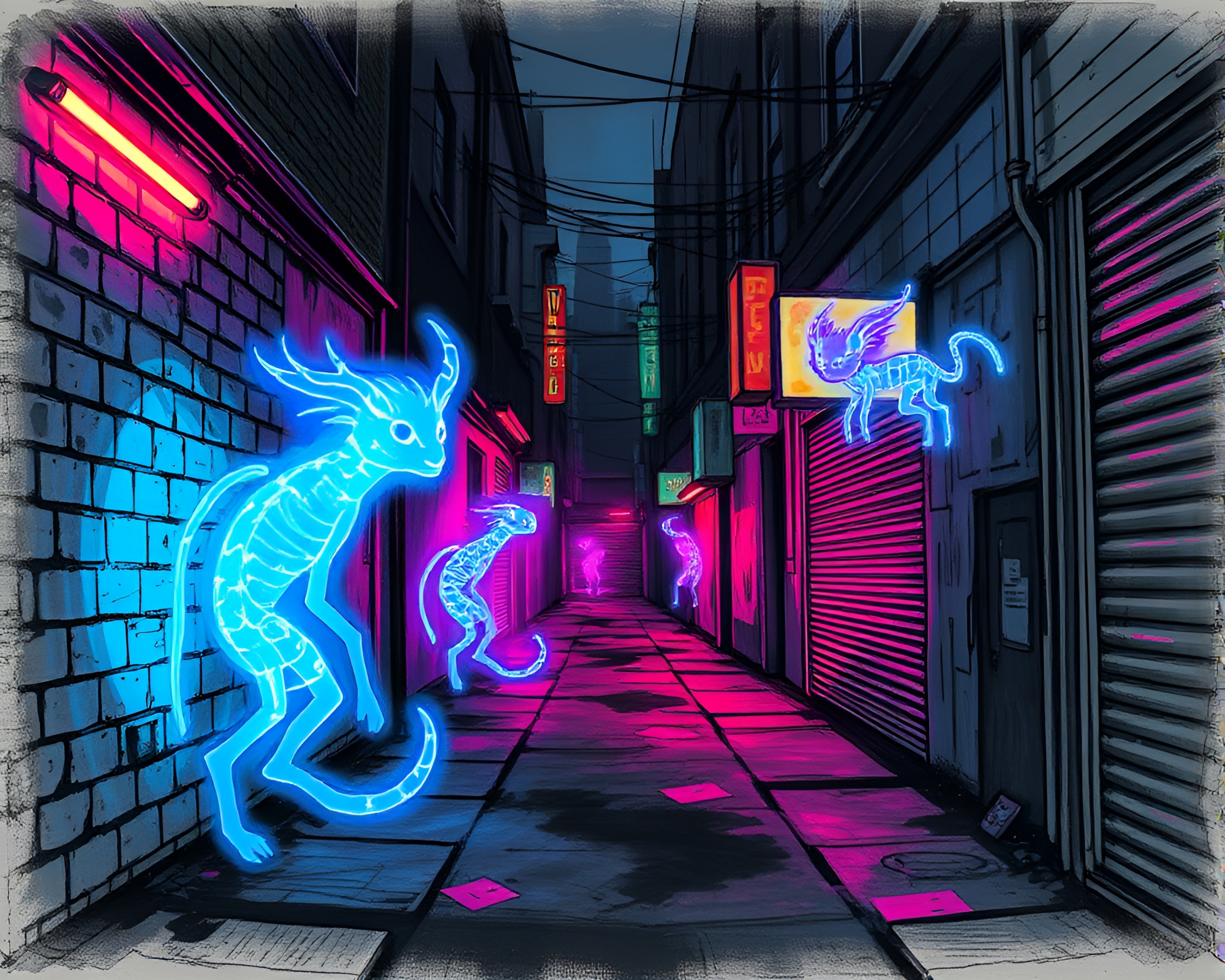 Ethereal Bioluminescent Creatures Illuminate Urban Charcoal Sketch – free AI stock image