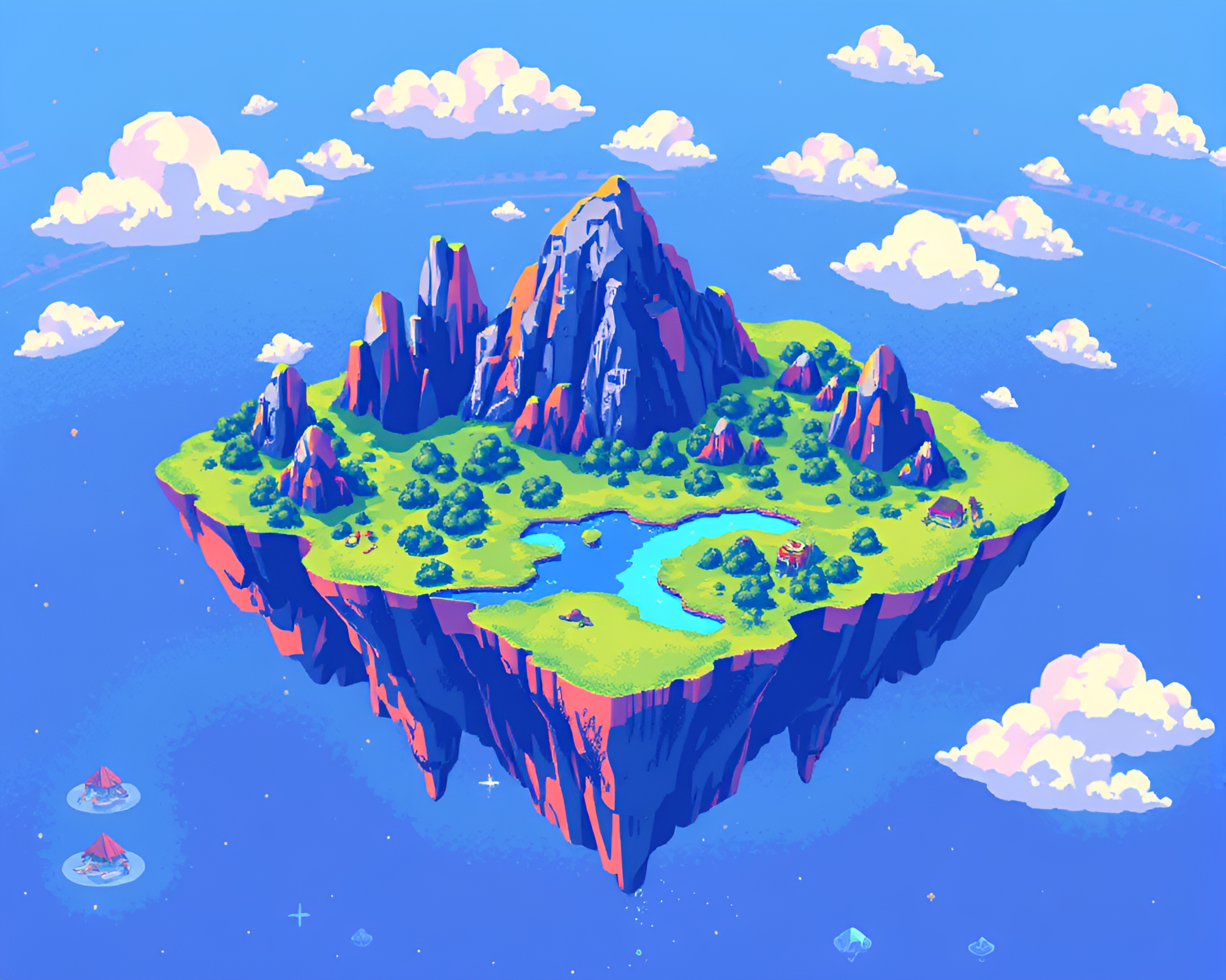Pixelated 8-Bit Glitch Art Floating Island Archipelago – free AI stock image