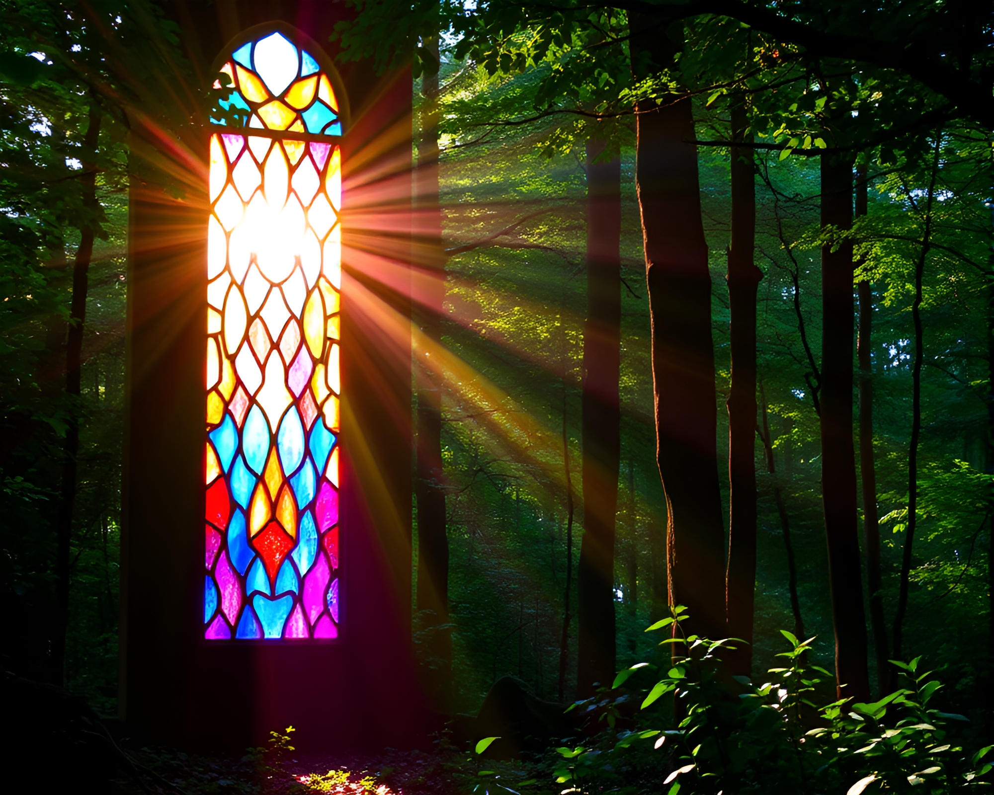 Enchanting Stained Glass Window Illuminating Forest Canopy – free AI stock image