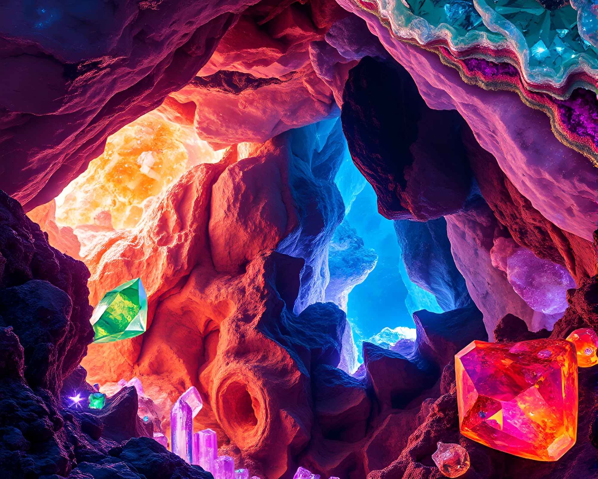 Resonant Photomontage: Surreal Gemstone Cave Collage – free AI stock image