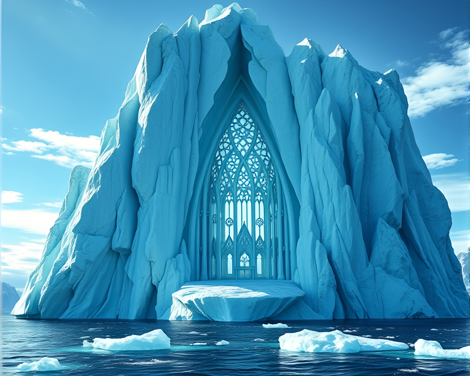 Sculptural Iceberg Cathedral Drifting Gracefully on Ocean – free AI stock image