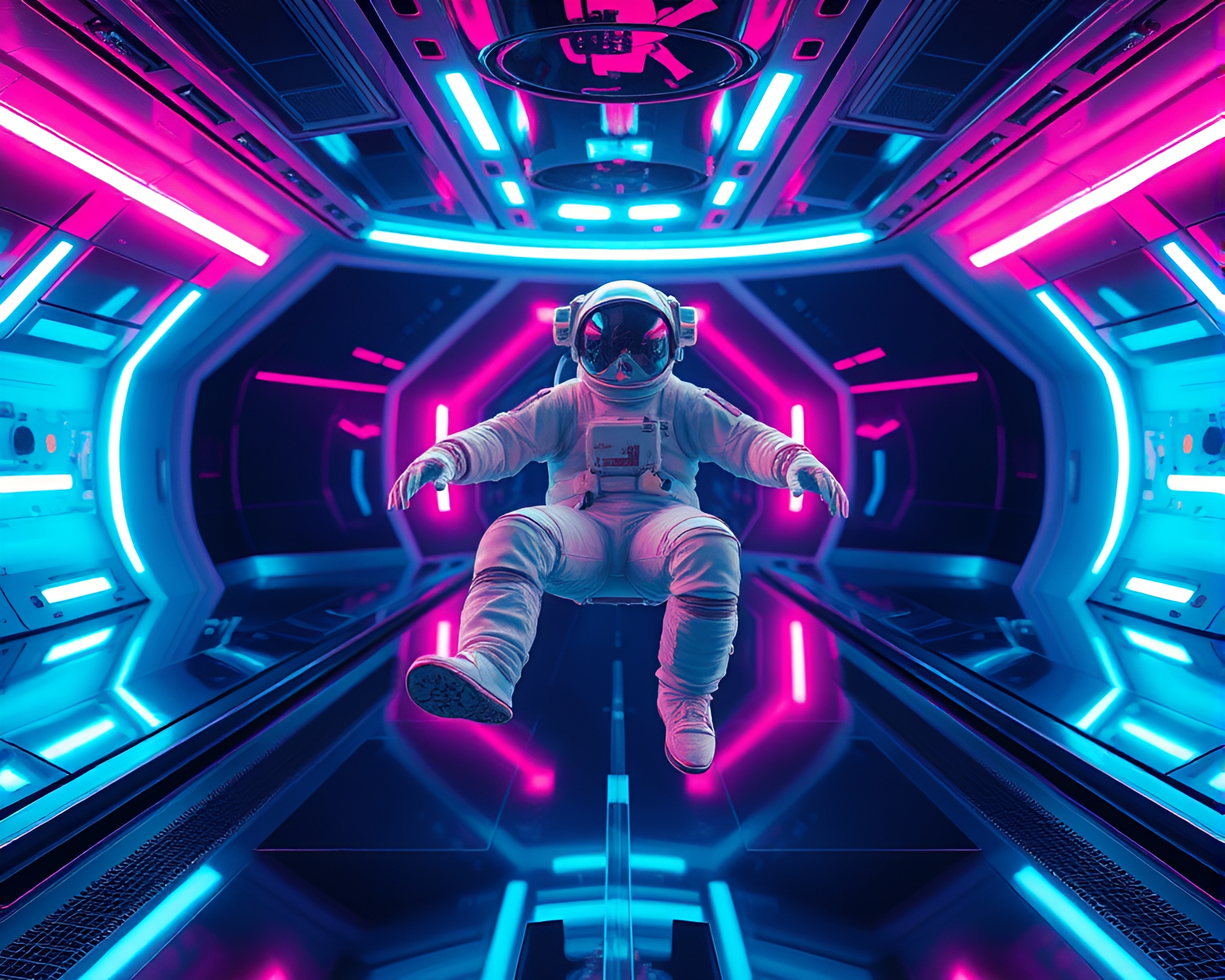 Futuristic Astronaut Floating in Neon-Lit Zero Gravity Chamber – free AI stock image
